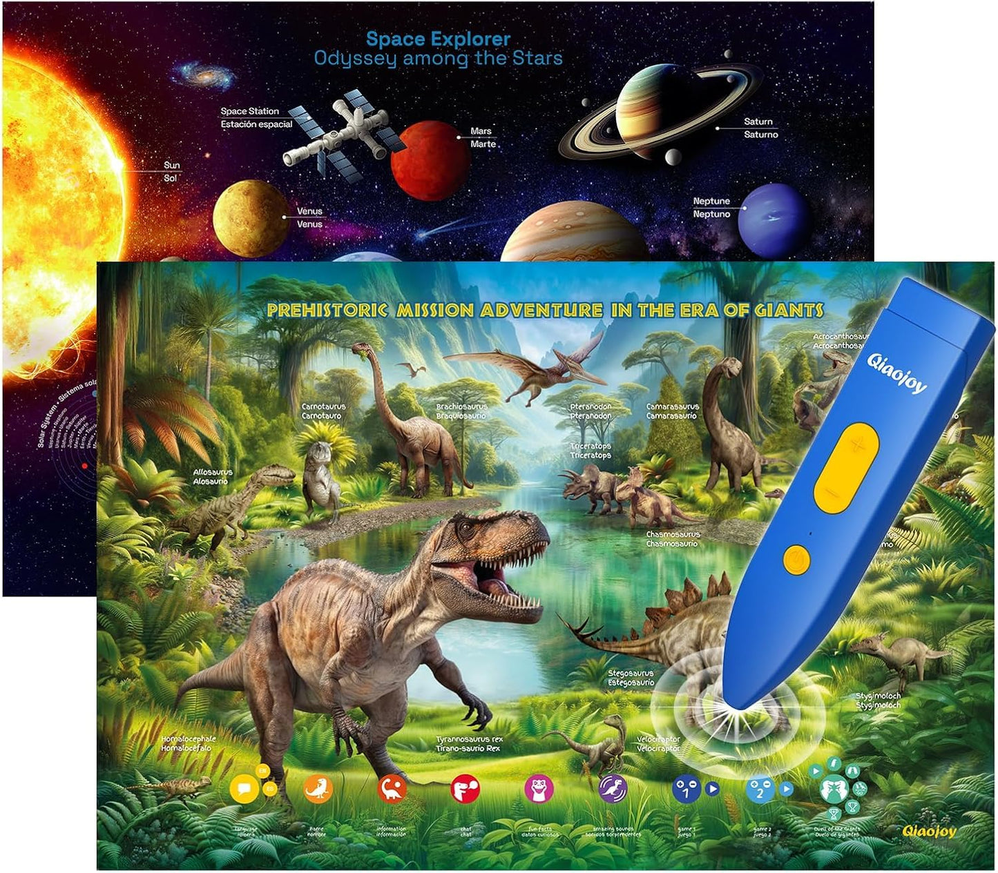 Qiaojoy Bilingual Talking Dinosaur & Space Poster for Kids (Ages 3-12)