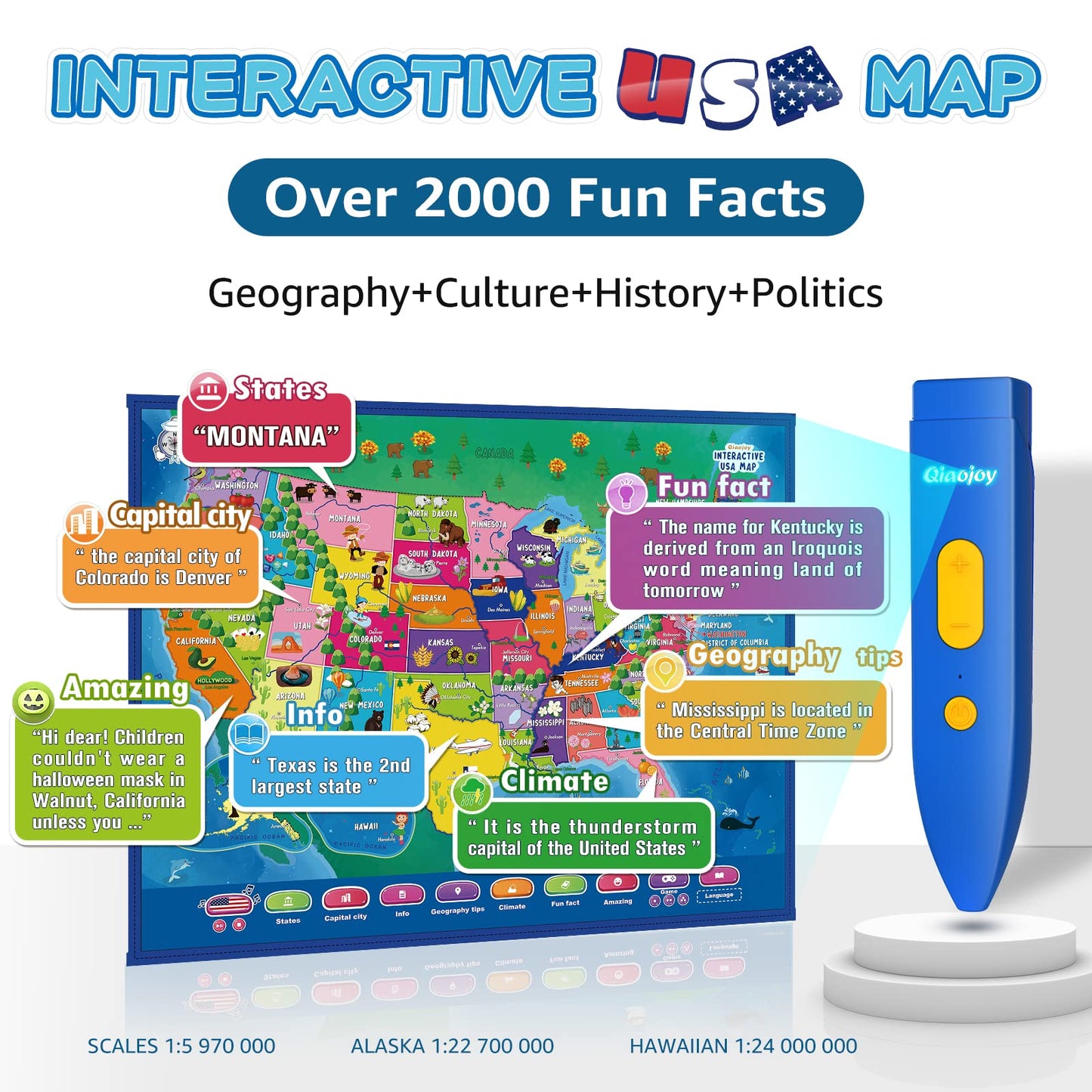 Qiaojoy Bilingual Talking World Map for Kids – Interactive USA & World Geography Education Toy