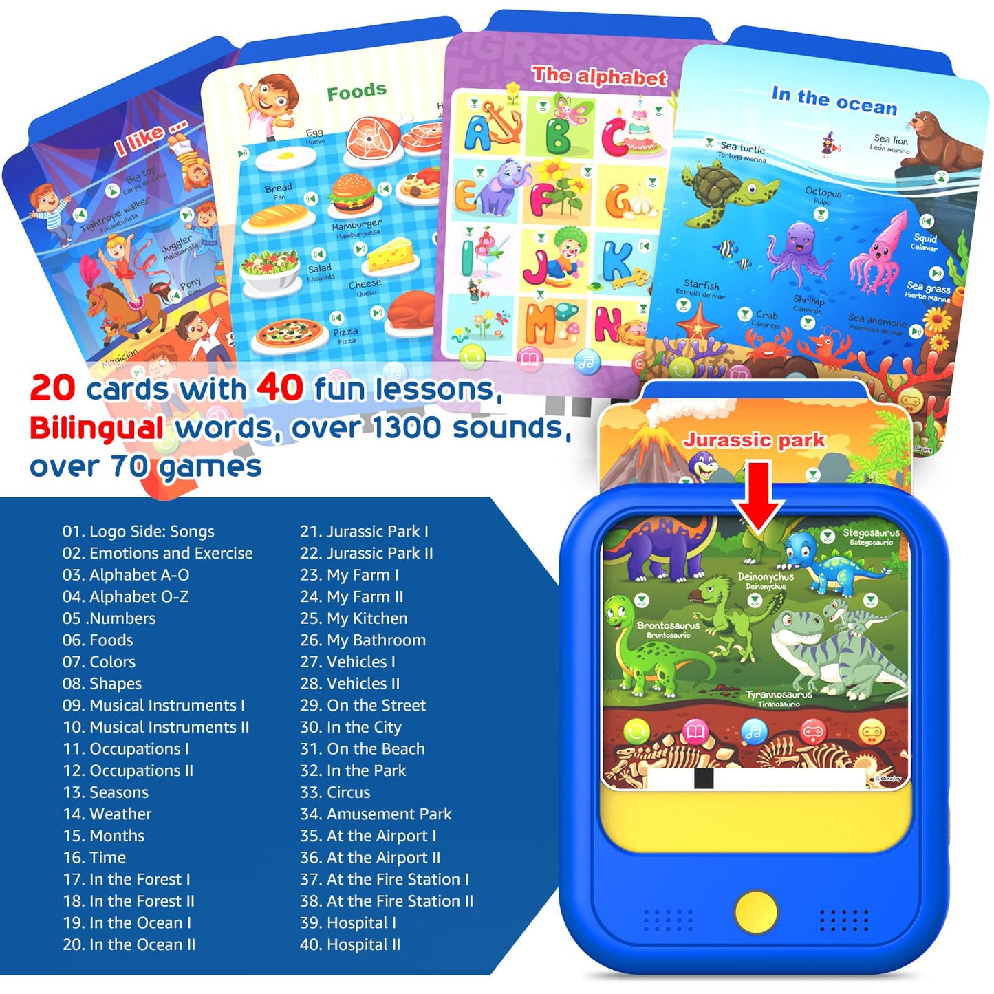 Qiaojoy Kids Learning Tablet — Bilingual English/Spanish Learning Pad with 40 Themes & Screen-Free Design