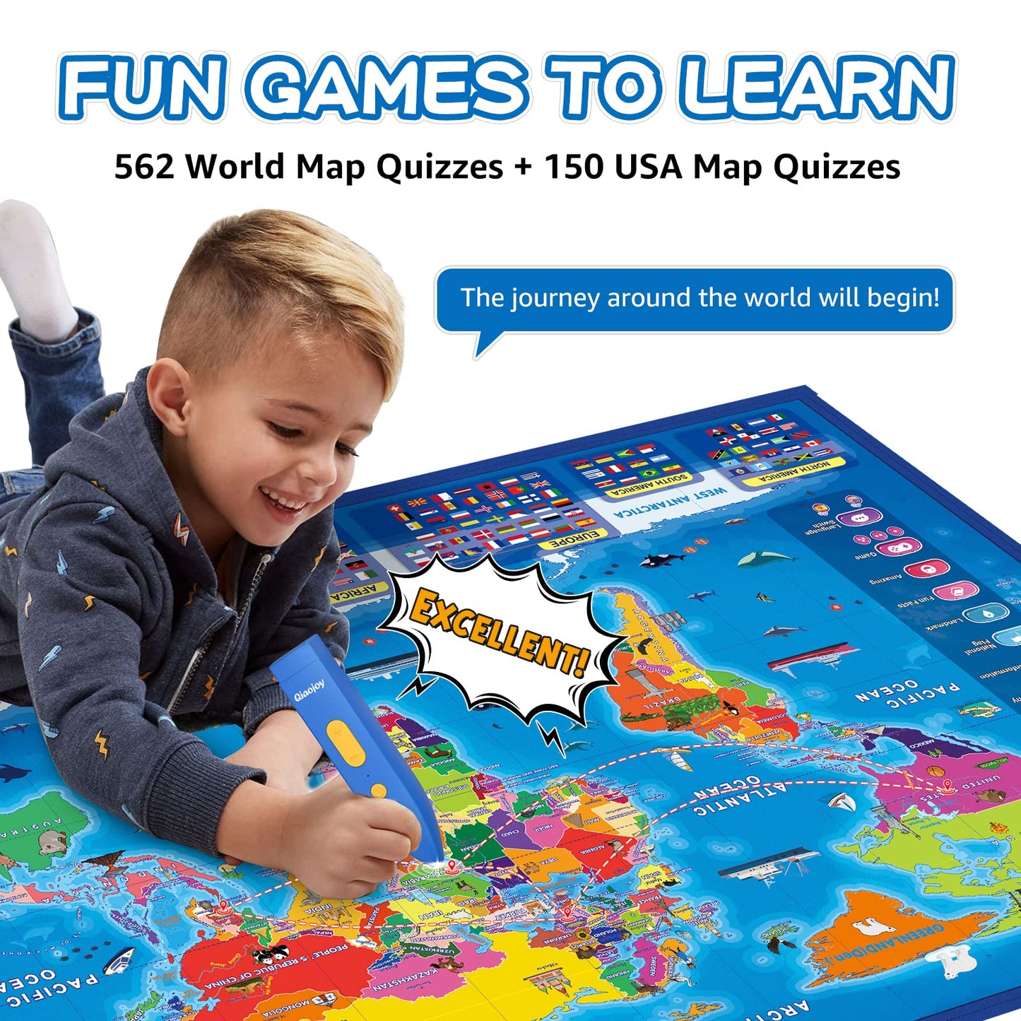 Qiaojoy Bilingual Talking World Map for Kids – Interactive USA & World Geography Education Toy
