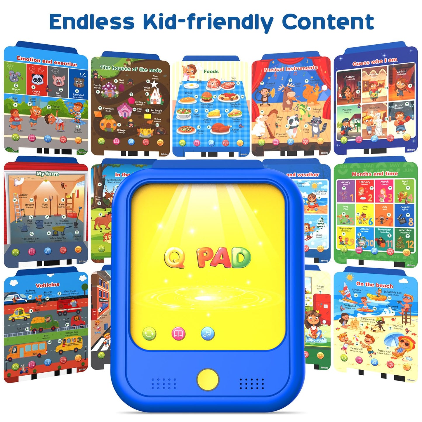 Qiaojoy Kids Learning Tablet — Bilingual English/Spanish Learning Pad with 40 Themes & Screen-Free Design