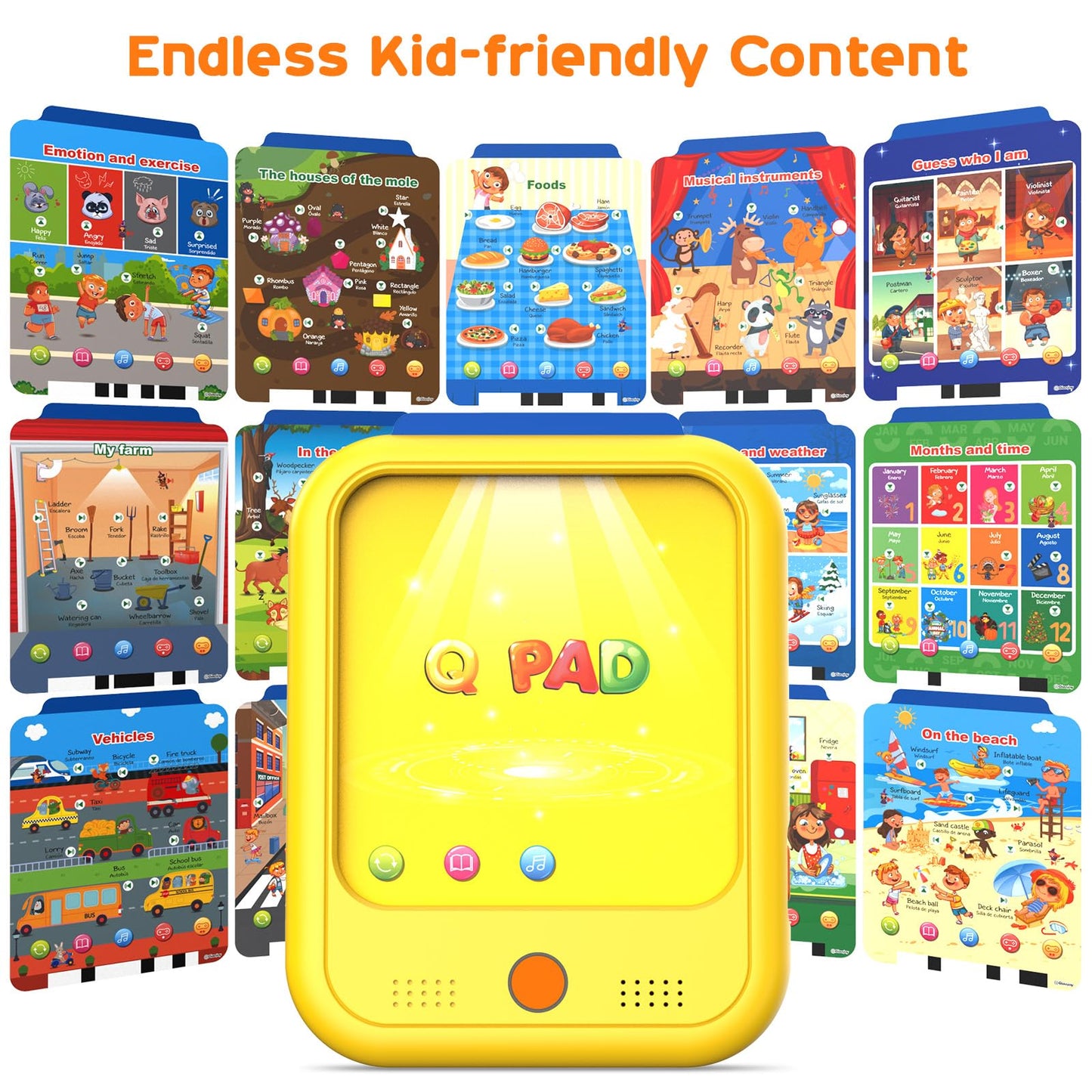 Qiaojoy Kids Learning Tablet | Bilingual Learning Pad for Toddlers 2-5 – Alphabet, Numbers, Time & More