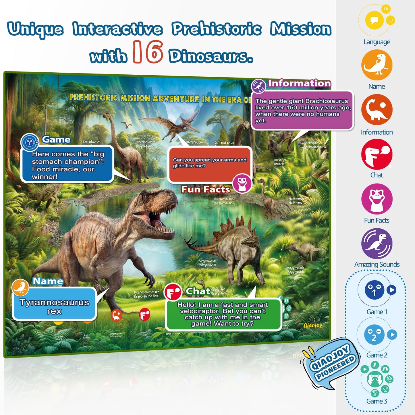 Qiaojoy Bilingual USA Map Dinosaur Poster – Interactive Learning Toy for Kids 3–12