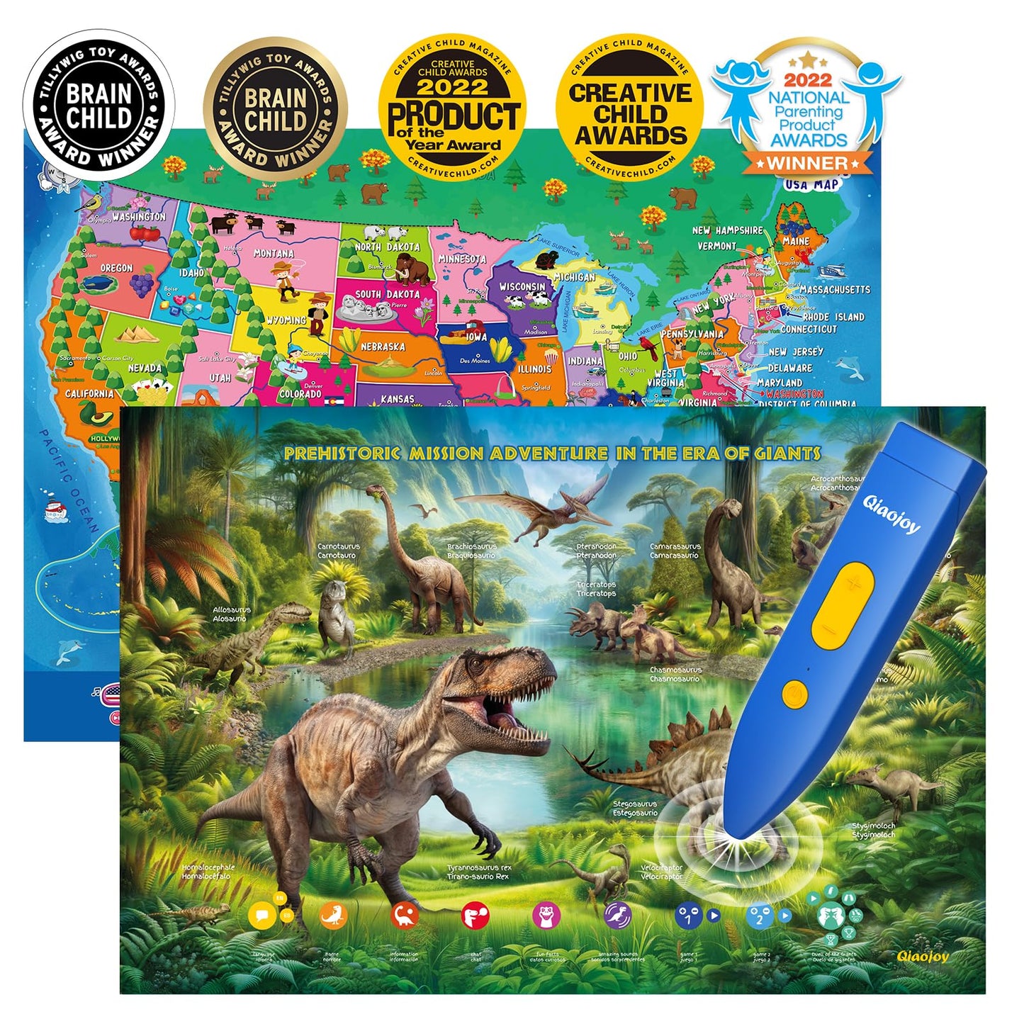 Qiaojoy Bilingual USA Map Dinosaur Poster – Interactive Learning Toy for Kids 3–12