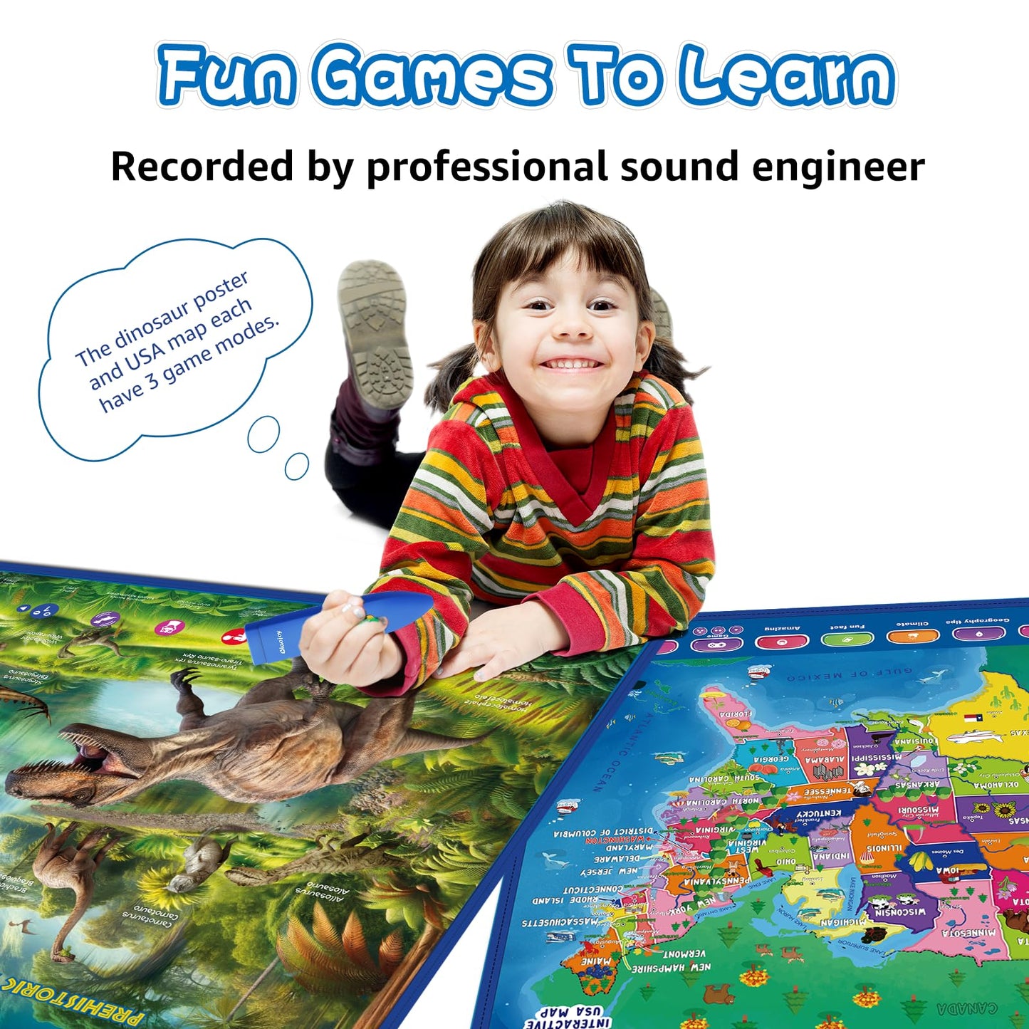 Qiaojoy Bilingual USA Map Dinosaur Poster – Interactive Learning Toy for Kids 3–12