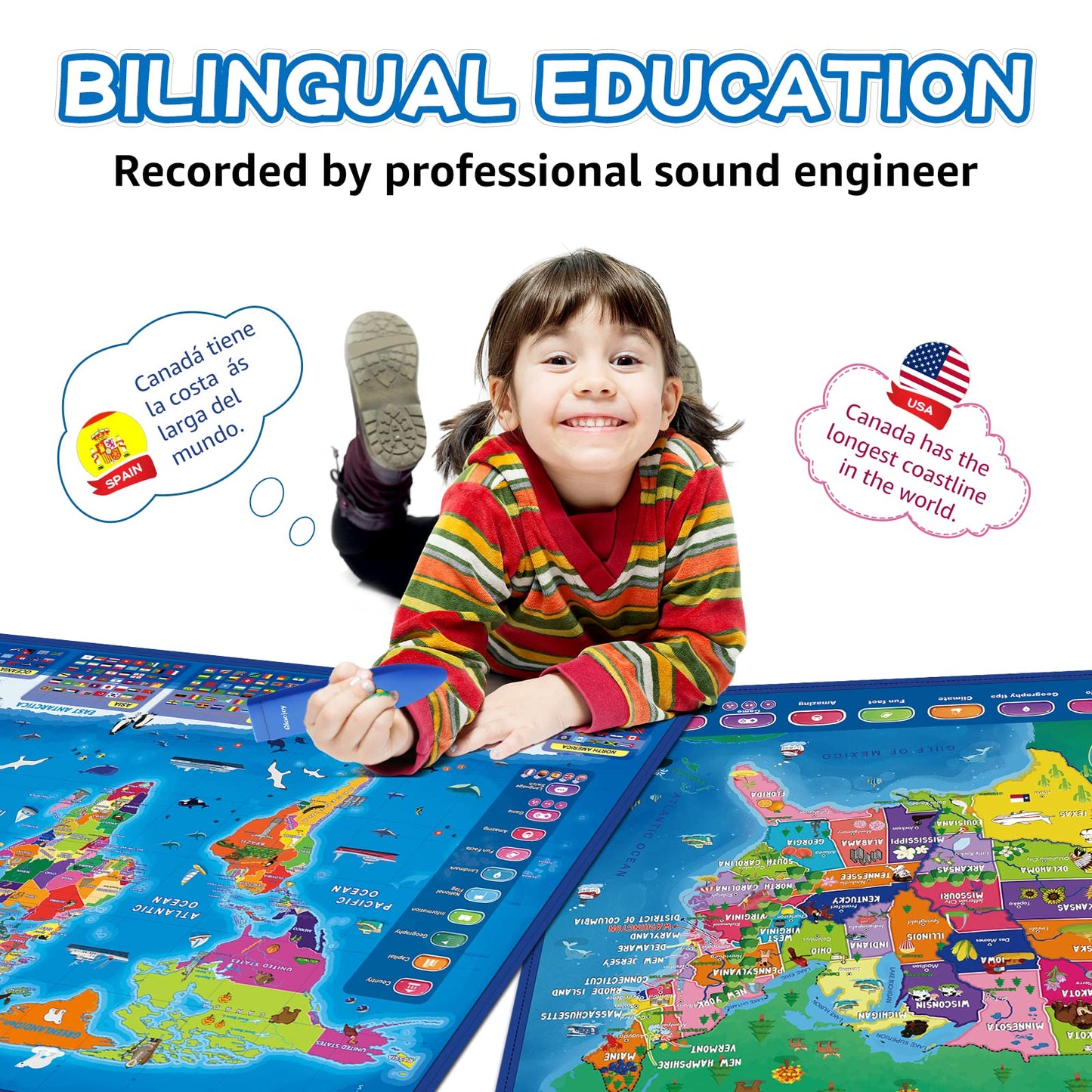 Qiaojoy Bilingual Talking World Map for Kids – Interactive USA & World Geography Education Toy
