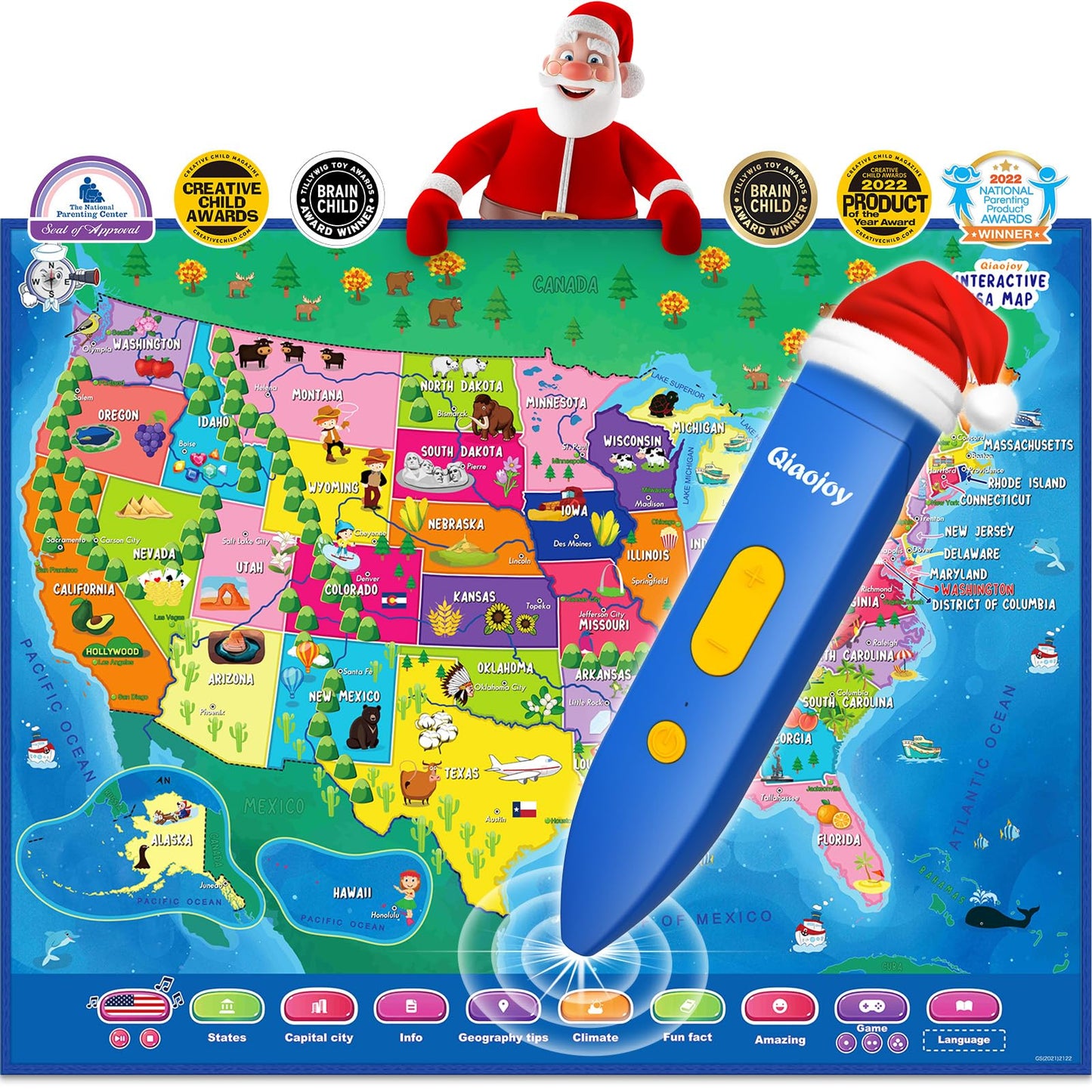 Qiaojoy V2 Interactive Kids Map – Bilingual USA Geography Poster & Learning Toy