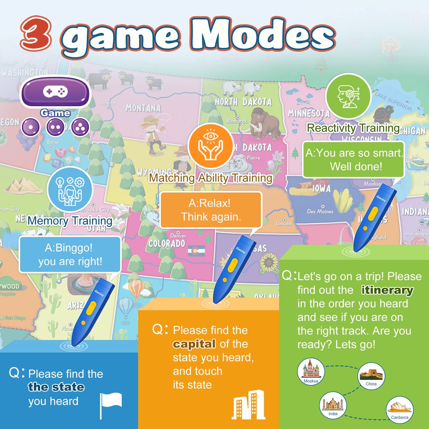 Qiaojoy V2 Interactive Kids Map – Bilingual USA Geography Poster & Learning Toy