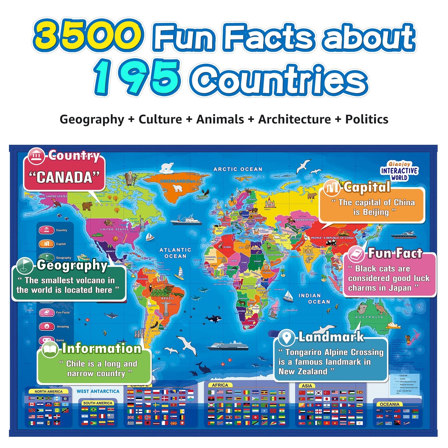 Qiaojoy Bilingual Talking World Map for Kids – Interactive USA & World Geography Education Toy