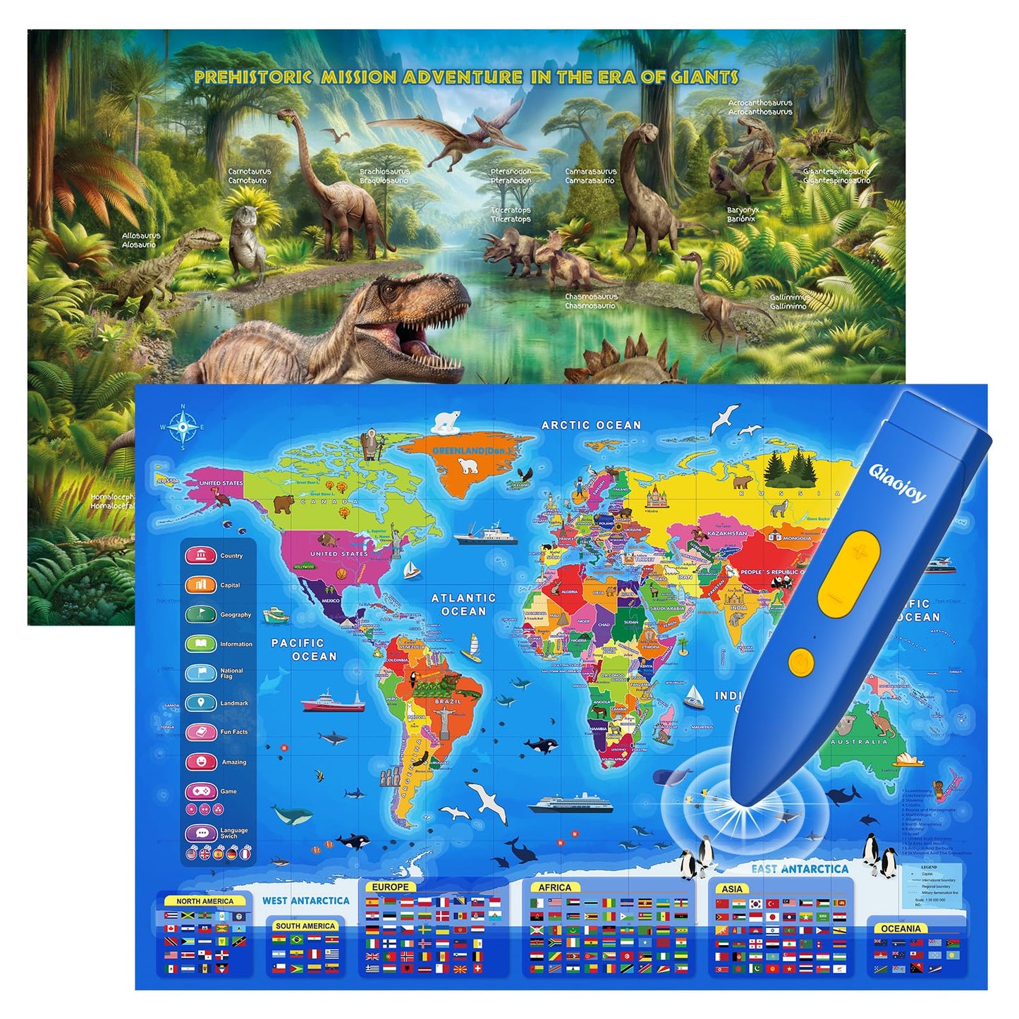 Qiaojoy Bilingual World Map & Dinosaur Poster – Interactive Learning Toy for Kids 3–12