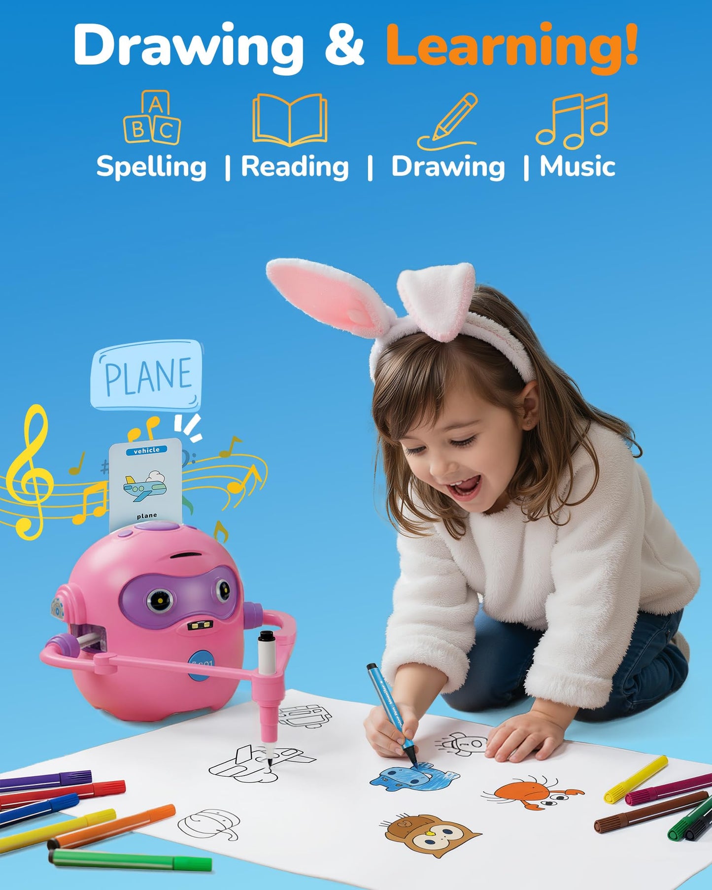 QIBOX Drawing Robot for Kids – 4-in-1 Learn, Draw, Spell & Music with 100 Cards & 12 Markers