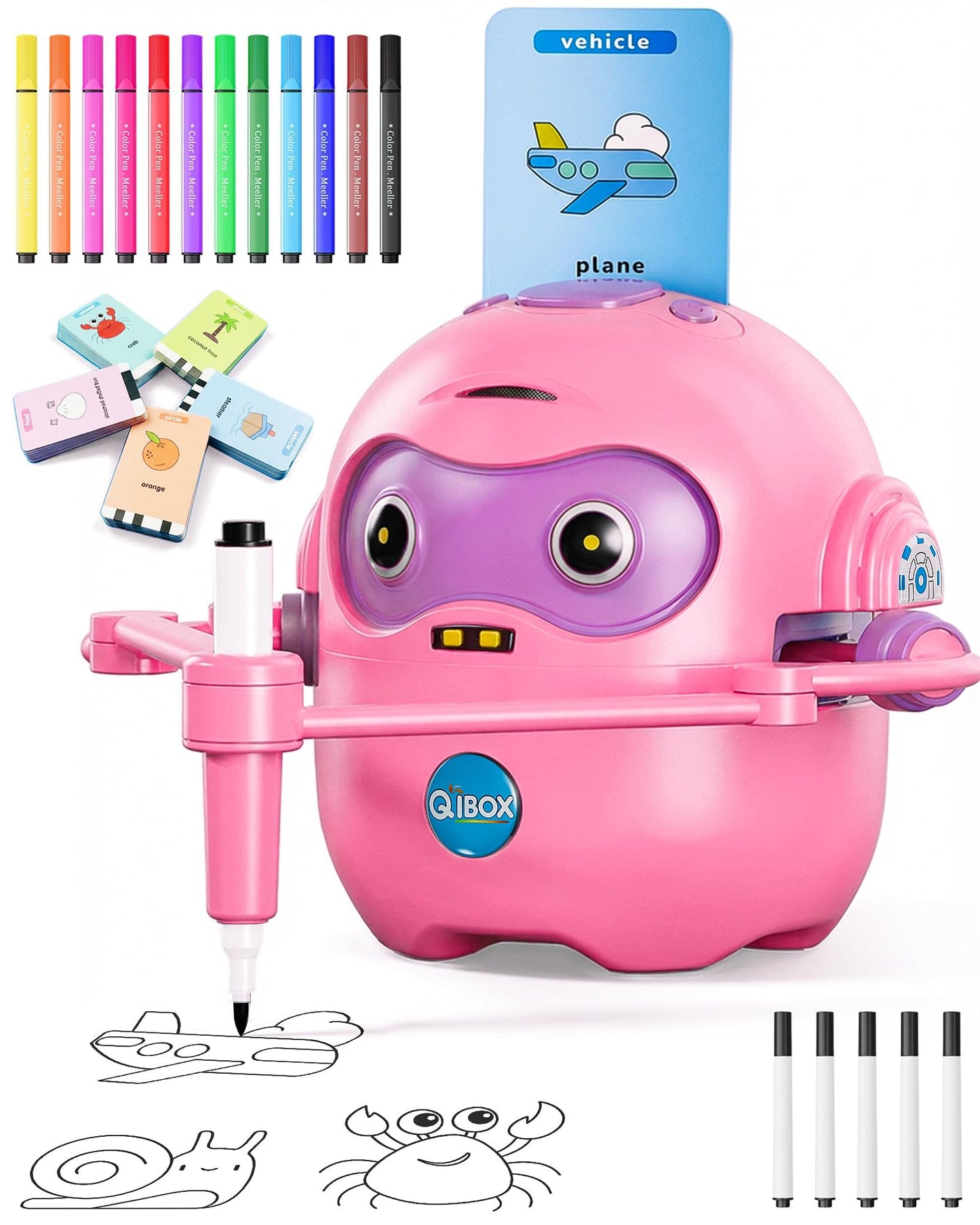 QIBOX Drawing Robot for Kids – 4-in-1 Learn, Draw, Spell & Music with 100 Cards & 12 Markers