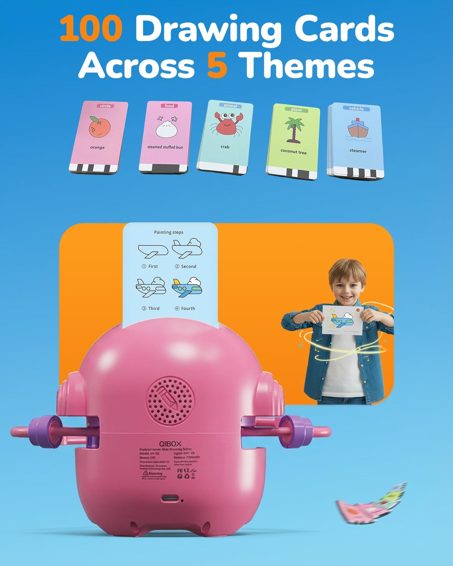 QIBOX Drawing Robot for Kids – 4-in-1 Learn, Draw, Spell & Music with 100 Cards & 12 Markers