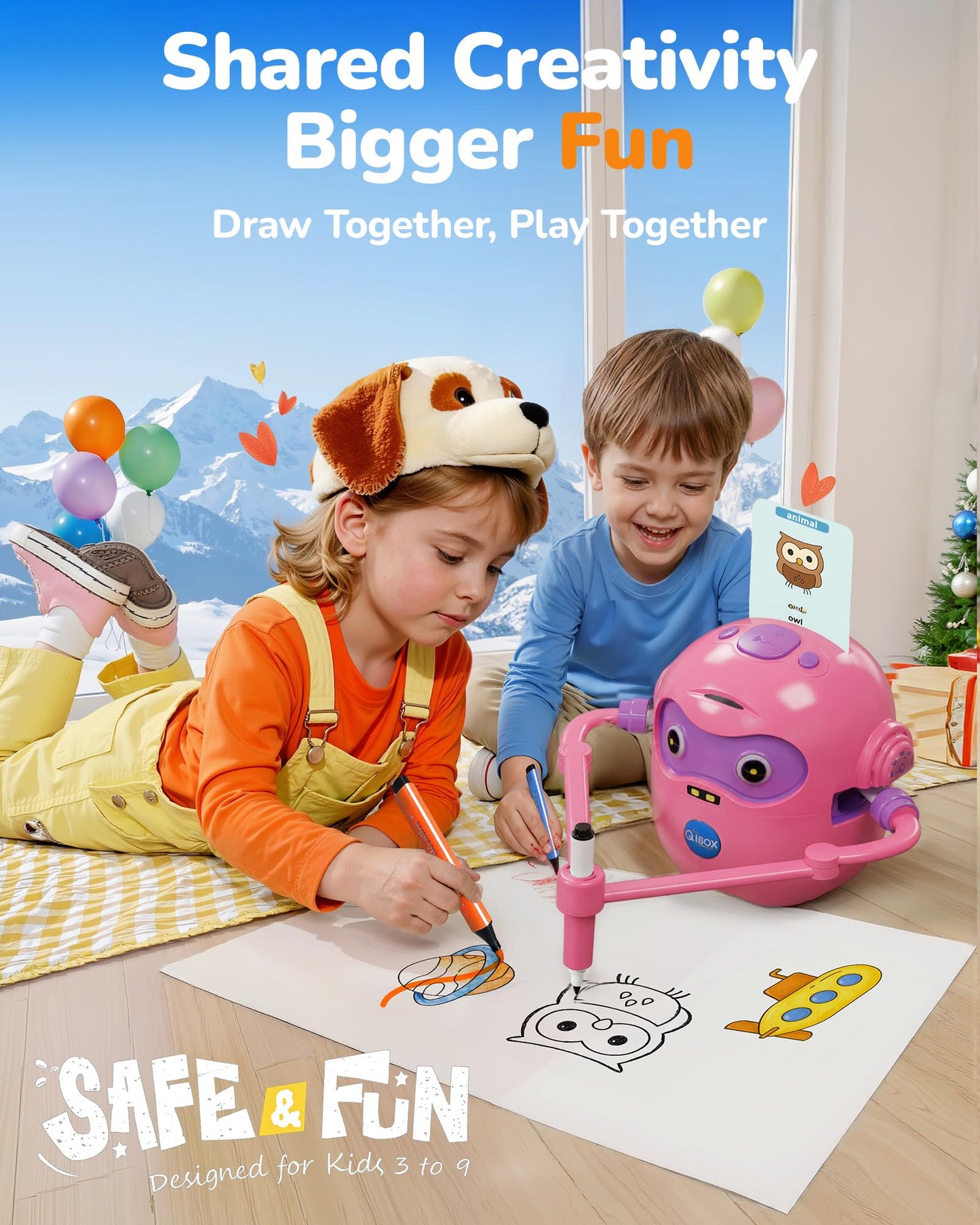 QIBOX Drawing Robot for Kids – 4-in-1 Learn, Draw, Spell & Music with 100 Cards & 12 Markers