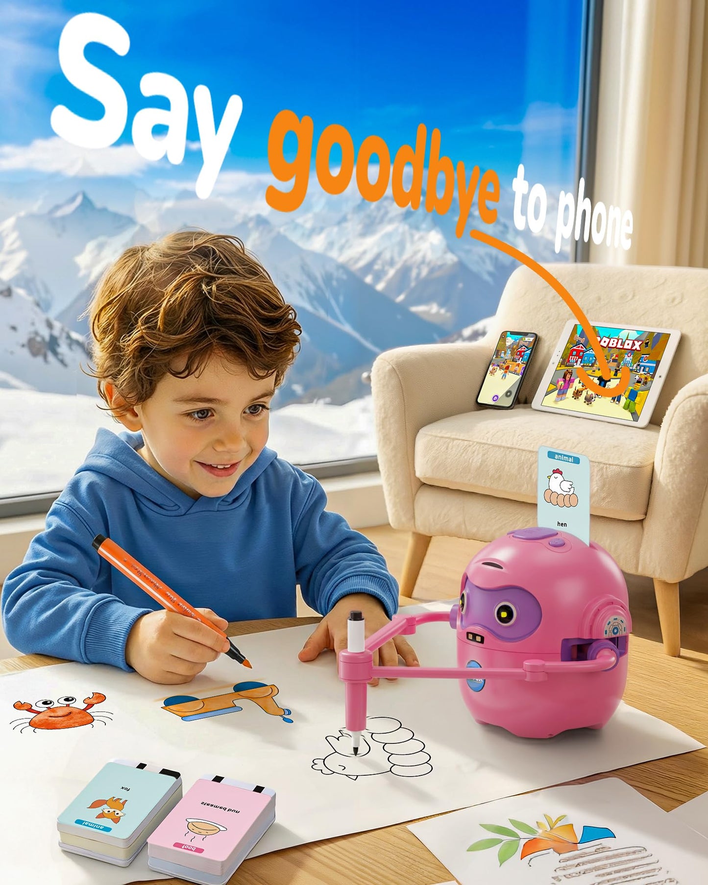 QIBOX Drawing Robot for Kids – 4-in-1 Learn, Draw, Spell & Music with 100 Cards & 12 Markers