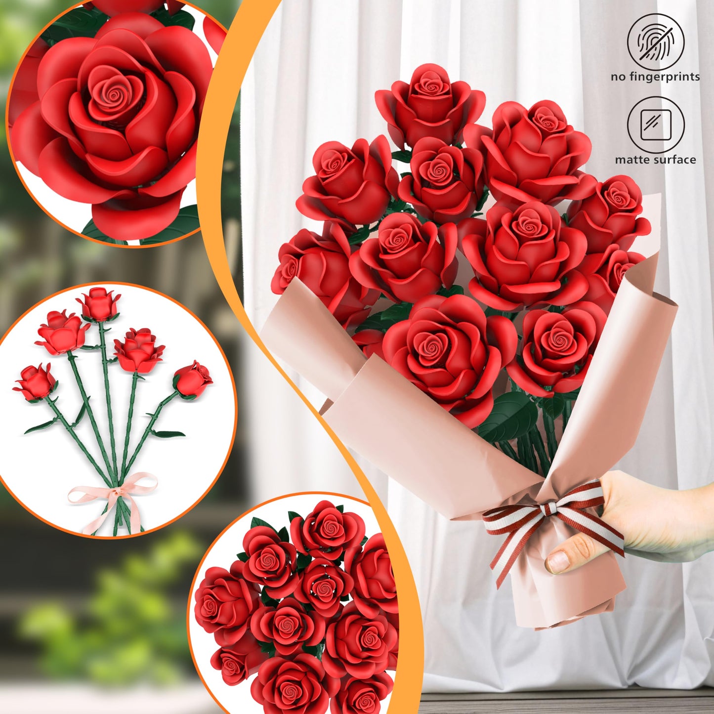 QIFUN Red Roses Building Set - 670 Pcs, LEGO-Compatible Valentines Gift