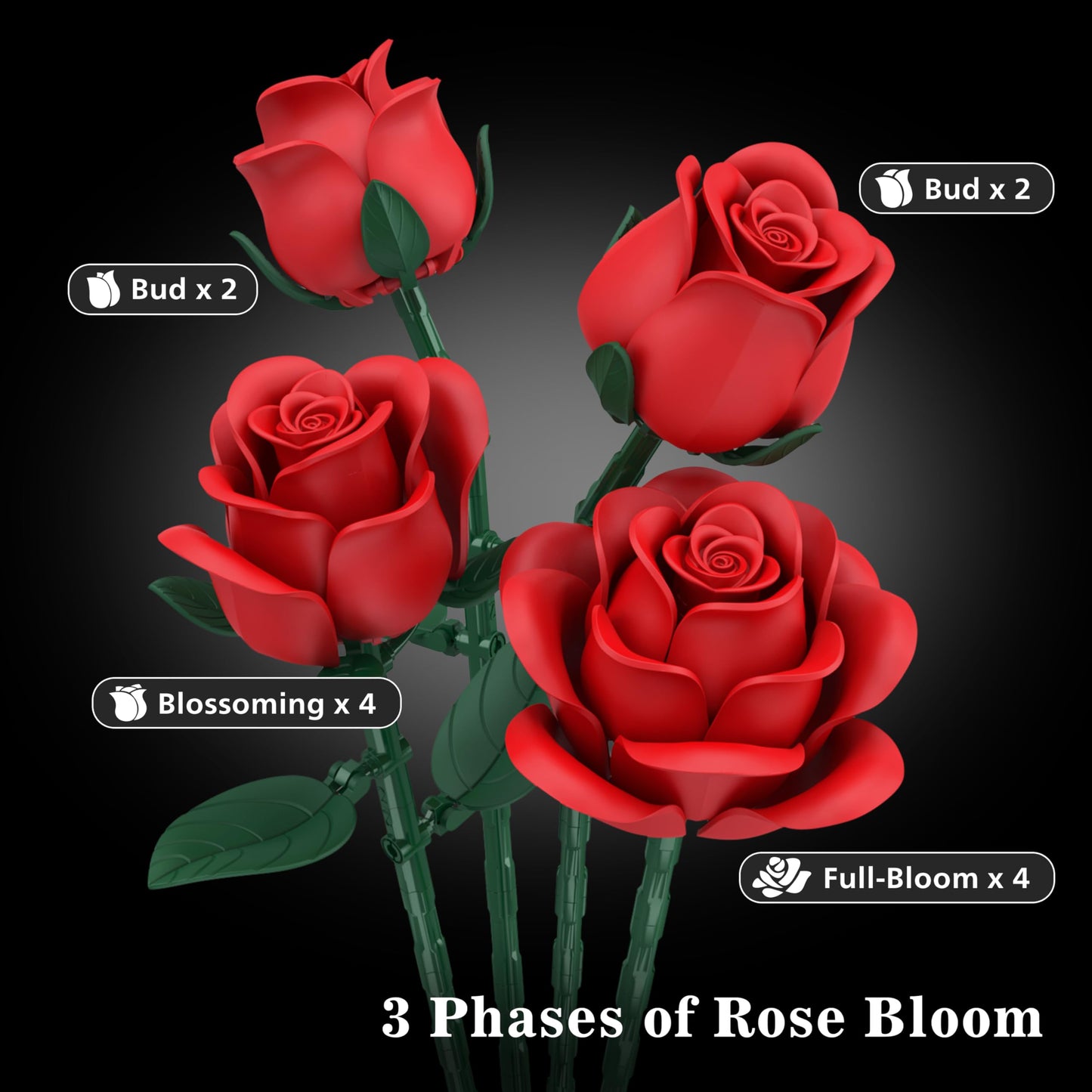QIFUN Red Roses Building Set - 670 Pcs, LEGO-Compatible Valentines Gift