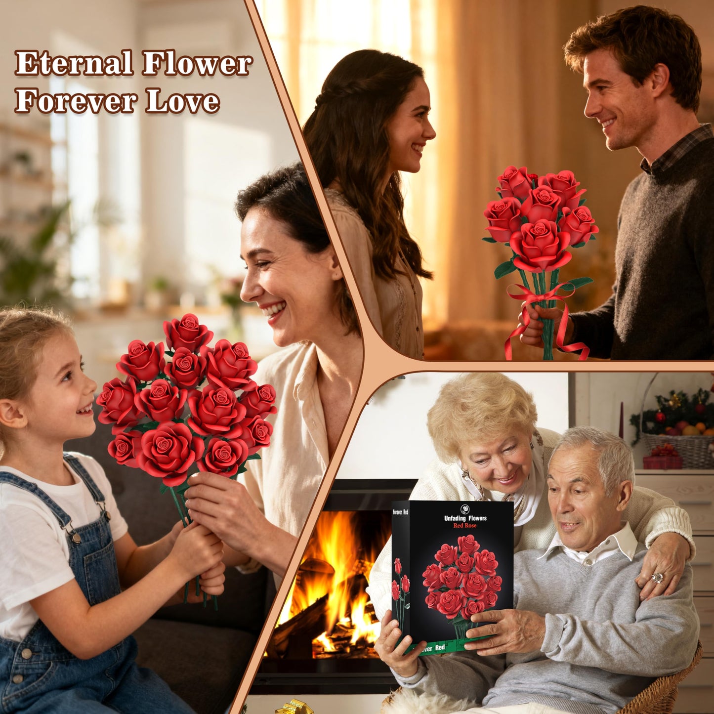 QIFUN Red Roses Building Set - 670 Pcs, LEGO-Compatible Valentines Gift