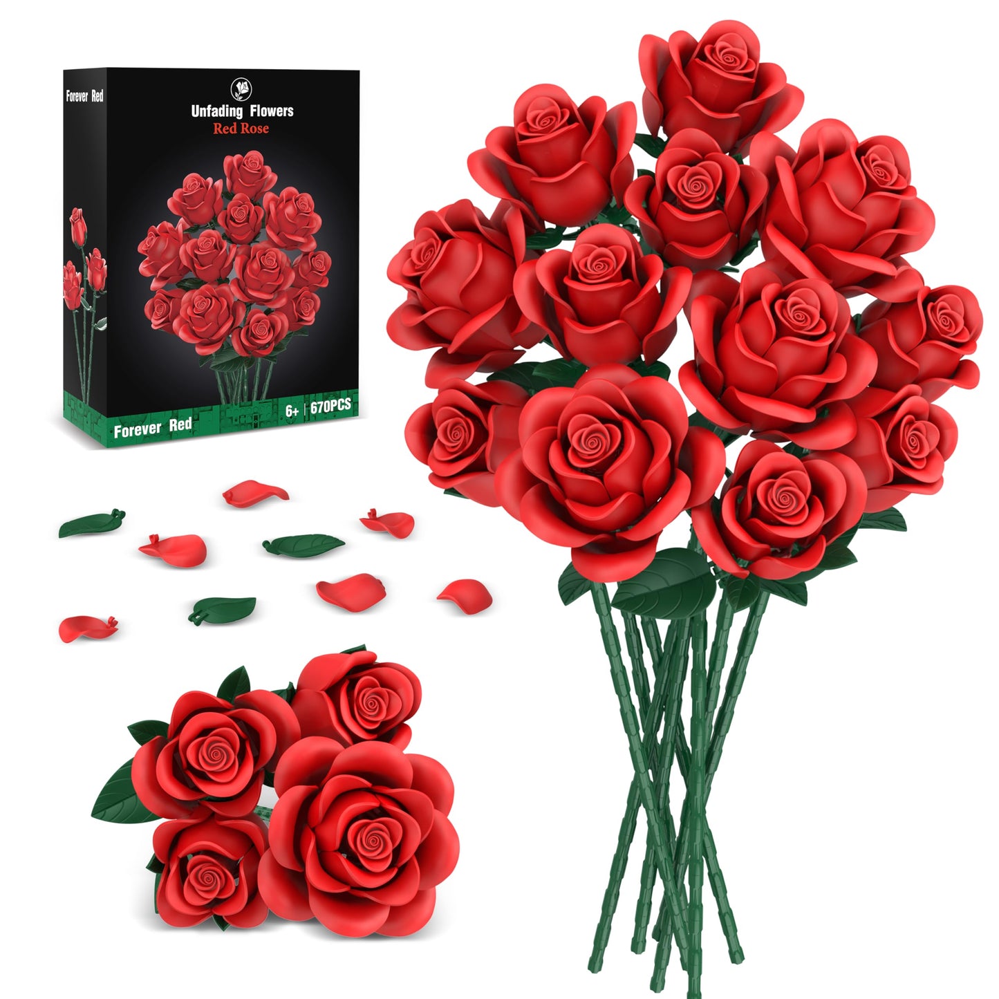 QIFUN Red Roses Building Set - 670 Pcs, LEGO-Compatible Valentines Gift