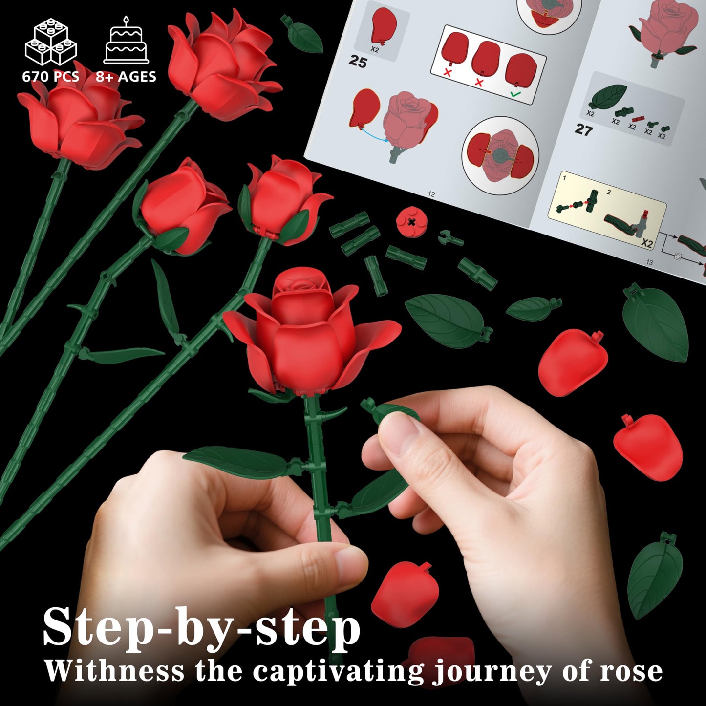 QIFUN Red Roses Building Set - 670 Pcs, LEGO-Compatible Valentines Gift
