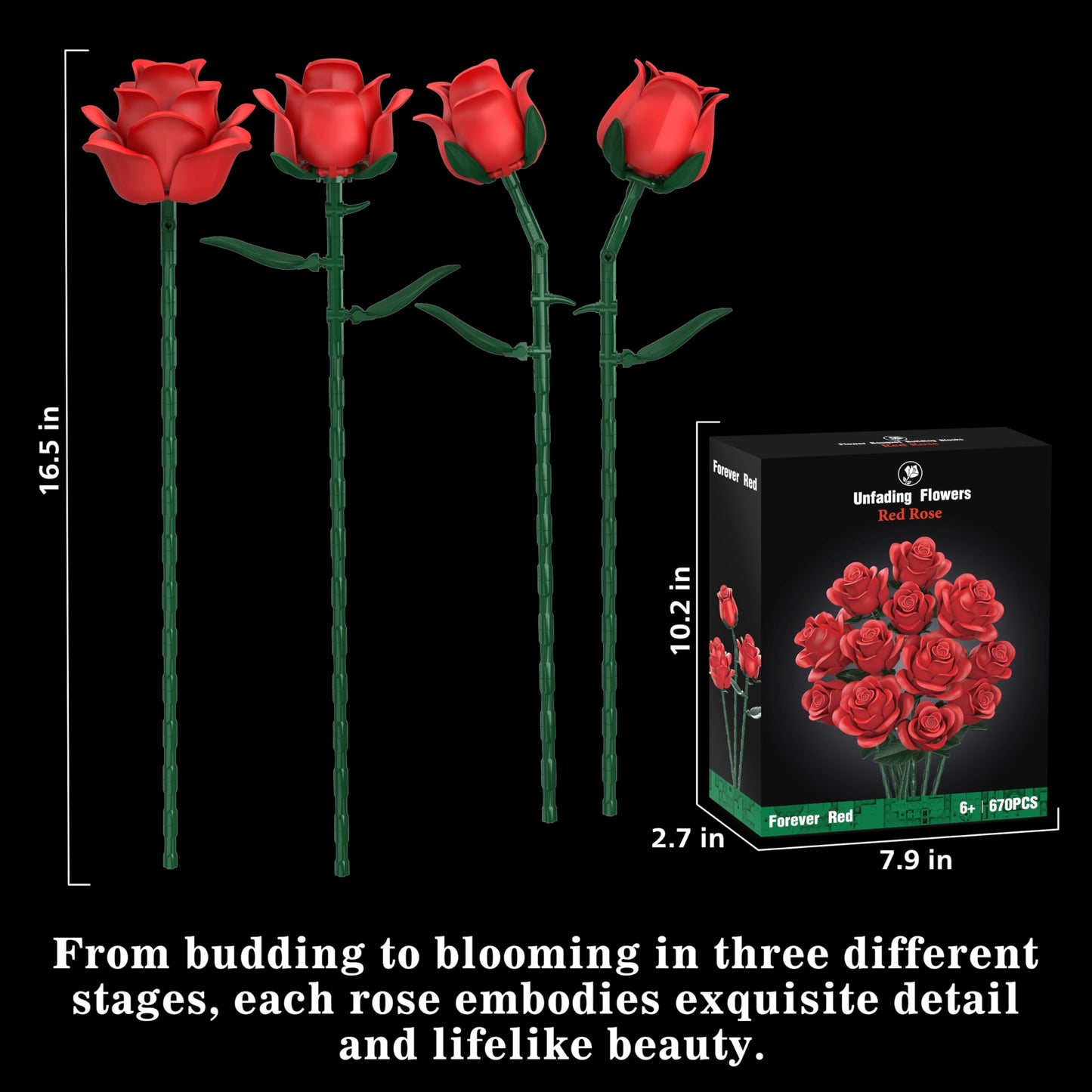 QIFUN Red Roses Building Set - 670 Pcs, LEGO-Compatible Valentines Gift