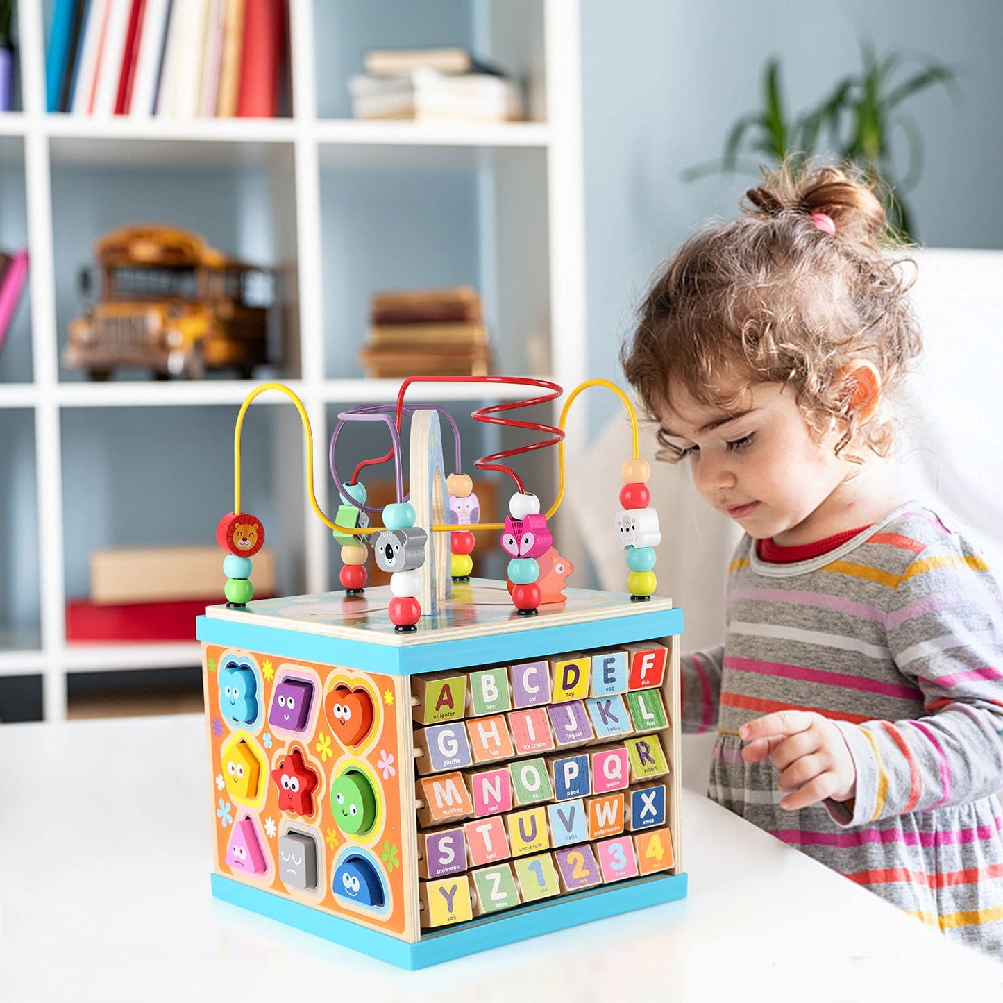 Qilay 5-in-1 Wooden Activity Cube for Toddlers – ABC-123 Abacus, Bead Maze, Shape Sorter, Clock