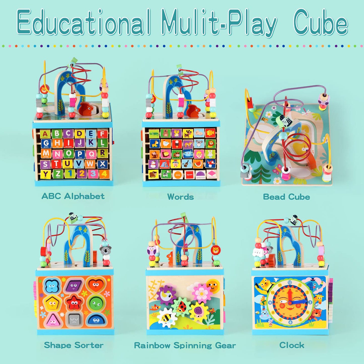 Qilay 5-in-1 Wooden Activity Cube for Toddlers – ABC-123 Abacus, Bead Maze, Shape Sorter, Clock