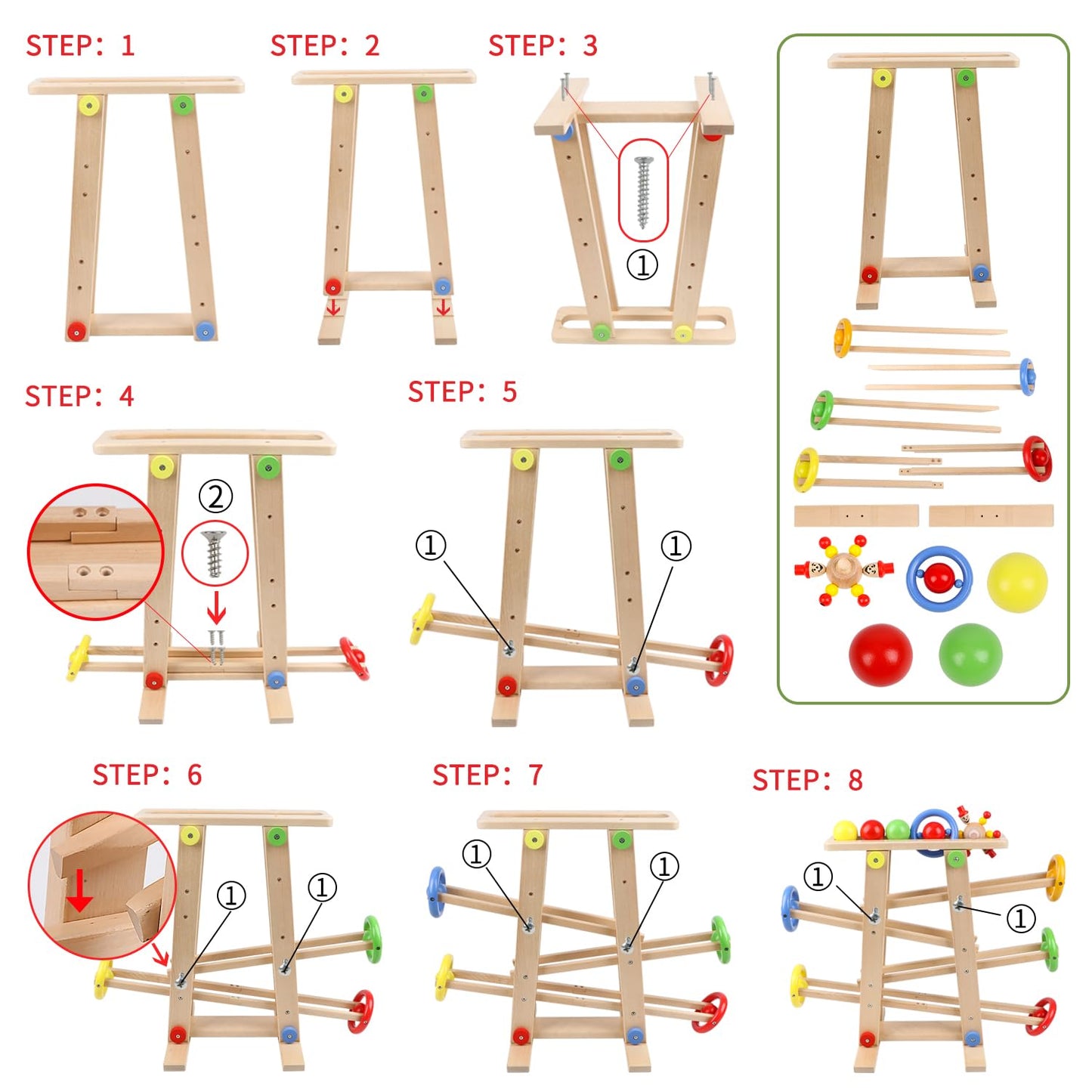 Qilay Wooden Race Track Toy for Toddlers 1-3 – 5 Tracks, 4 Balls, Montessori Ramp Racer