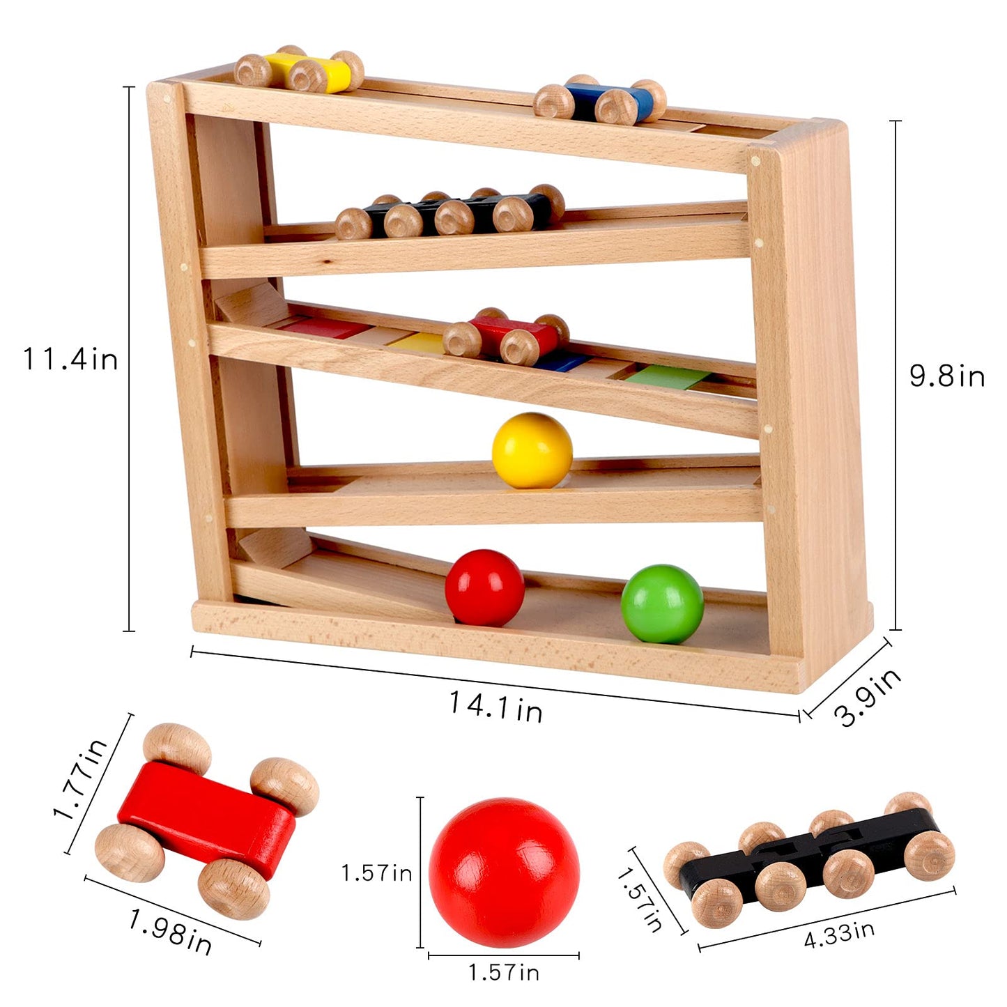 Qilay Wooden Race Track Car Ramp Toy for Toddlers – 5 Rainbow Racers & 2 Balls