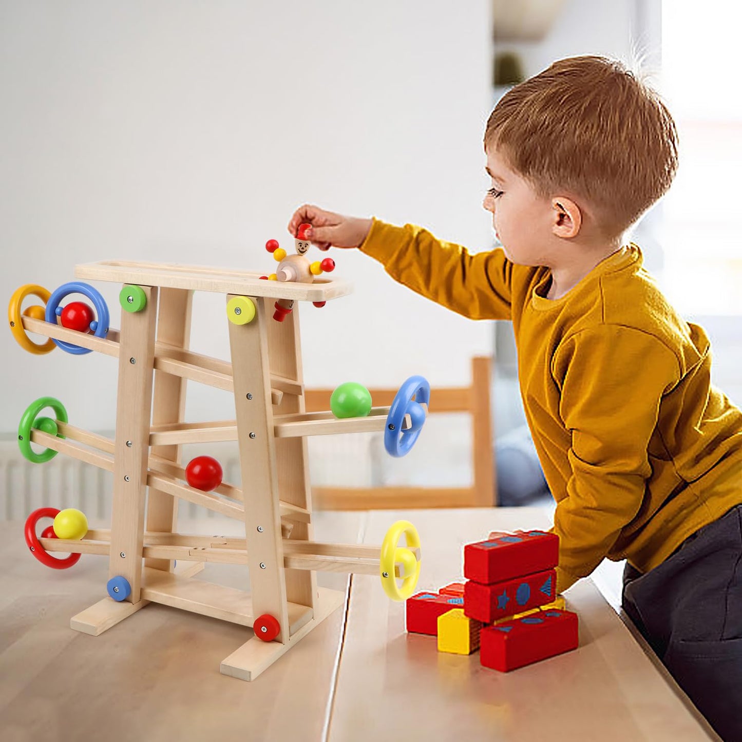 Qilay Wooden Race Track Toy for Toddlers 1-3 – 5 Tracks, 4 Balls, Montessori Ramp Racer