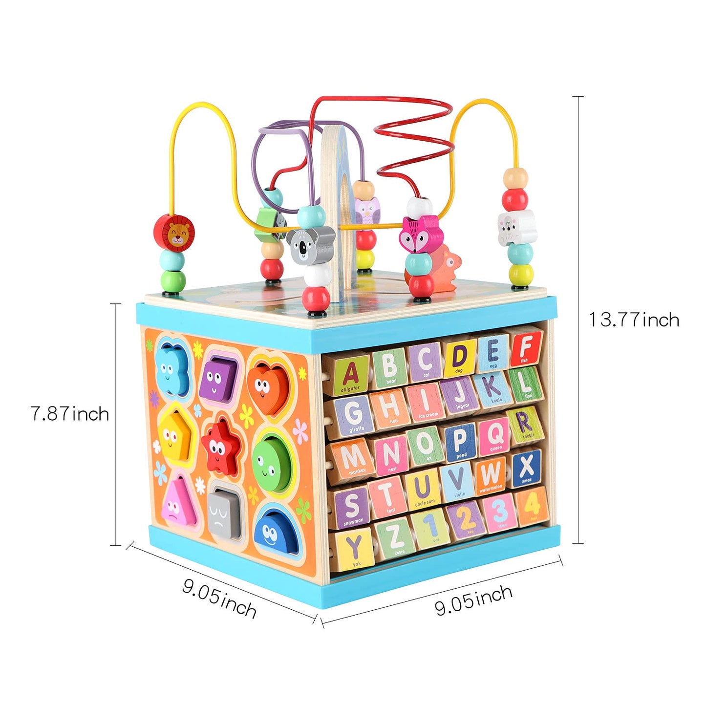 Qilay 5-in-1 Wooden Activity Cube for Toddlers – ABC-123 Abacus, Bead Maze, Shape Sorter, Clock