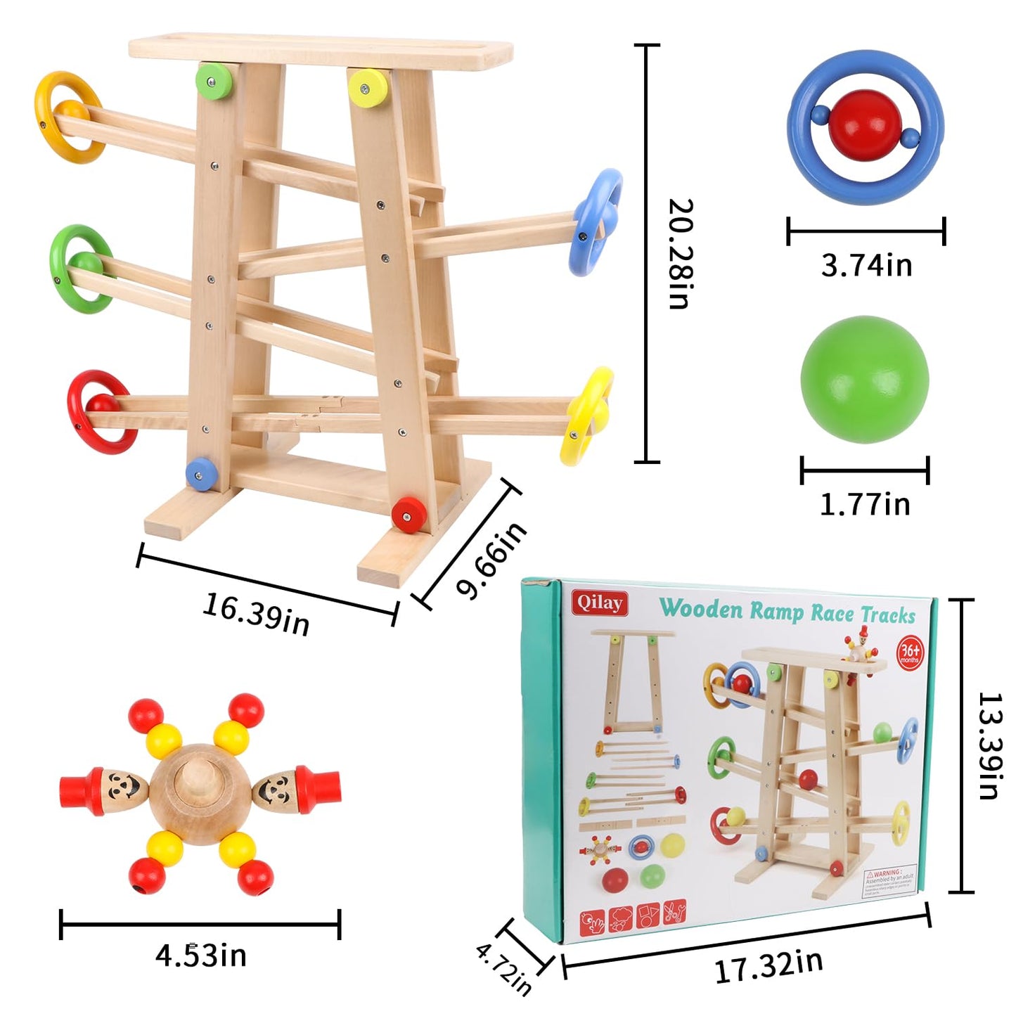 Qilay Wooden Race Track Toy for Toddlers 1-3 – 5 Tracks, 4 Balls, Montessori Ramp Racer
