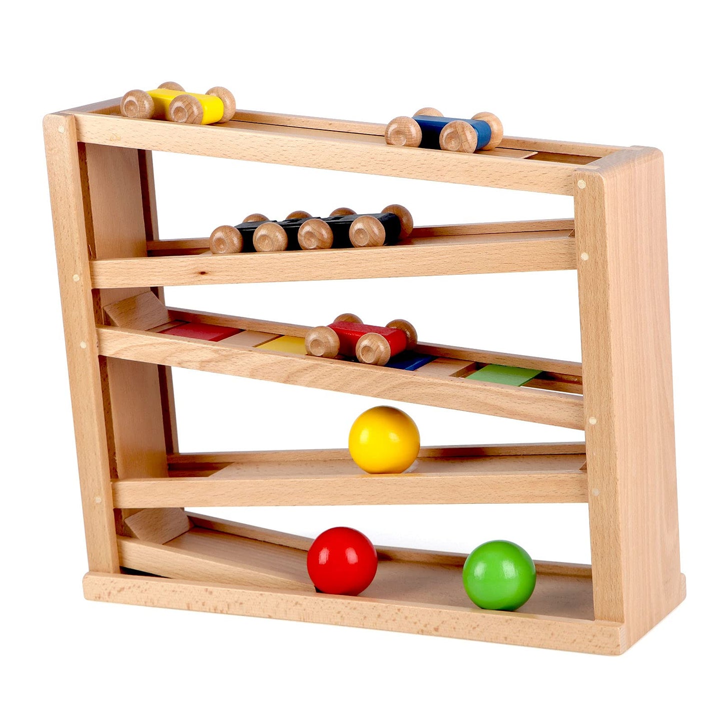 Qilay Wooden Race Track Car Ramp Toy for Toddlers – 5 Rainbow Racers & 2 Balls