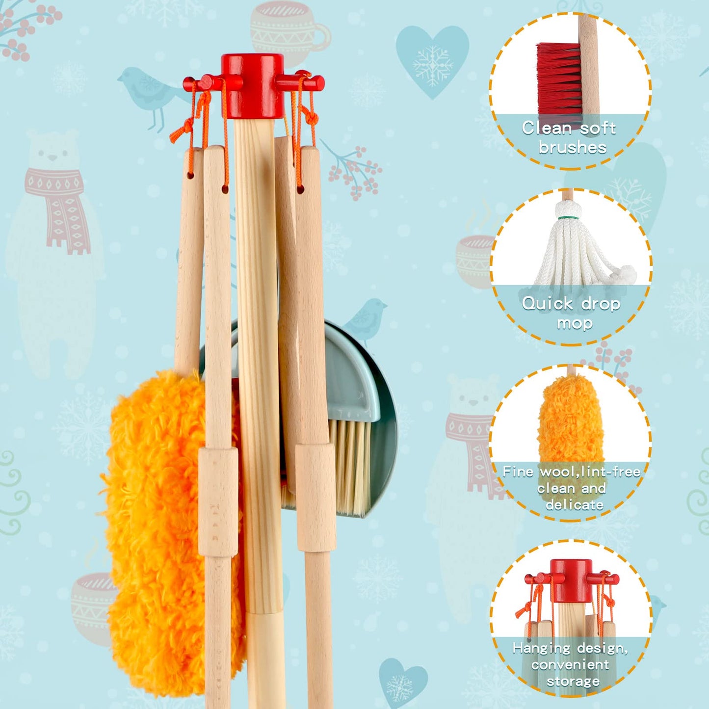 Qilay Kids Cleaning Set – 7-Piece Wooden Pretend Play Cleaning Tools for Toddlers