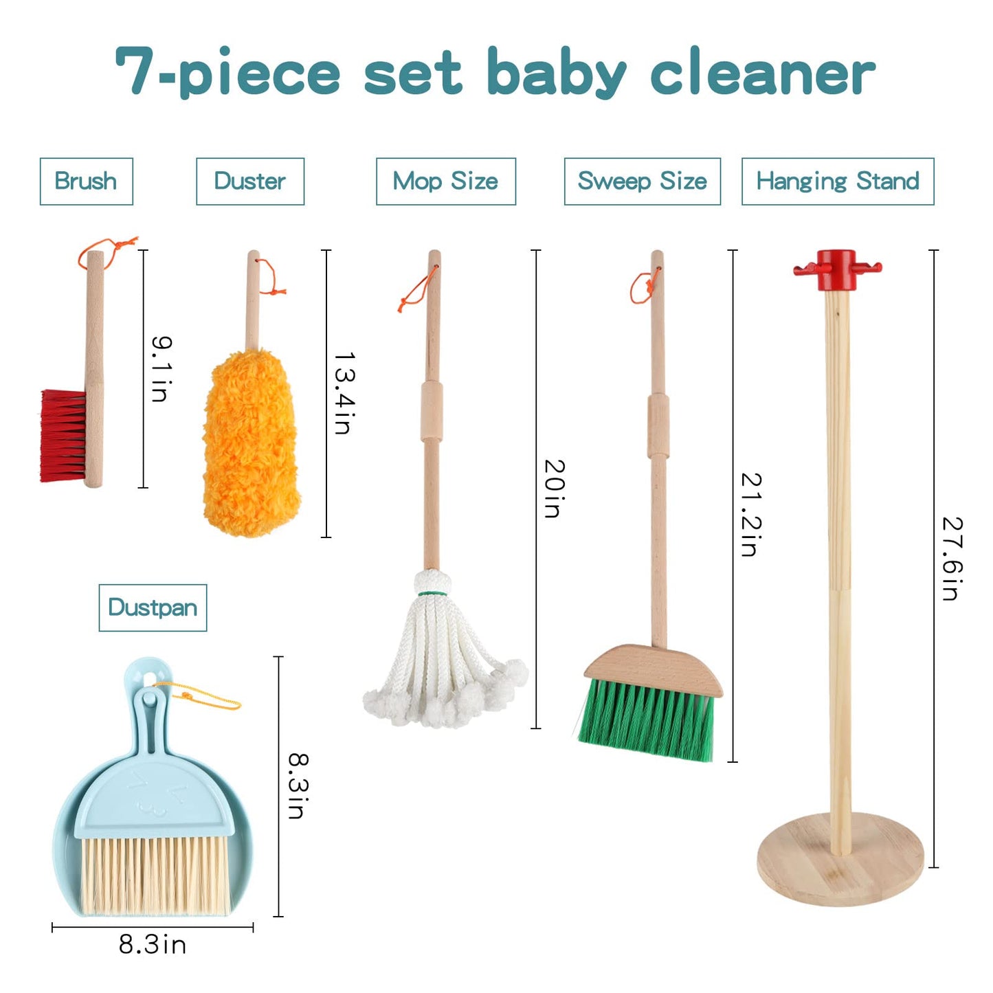 Qilay Kids Cleaning Set – 7-Piece Wooden Pretend Play Cleaning Tools for Toddlers