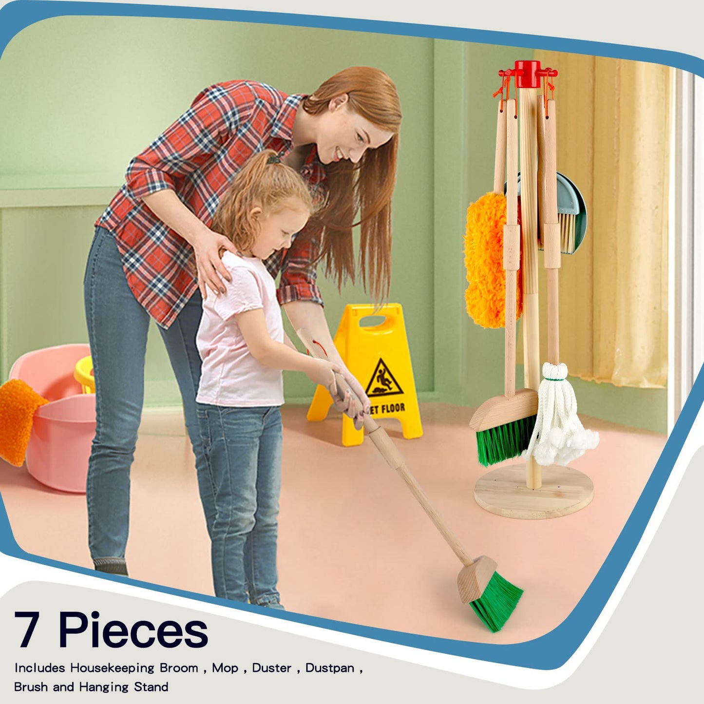 Qilay Kids Cleaning Set – 7-Piece Wooden Pretend Play Cleaning Tools for Toddlers