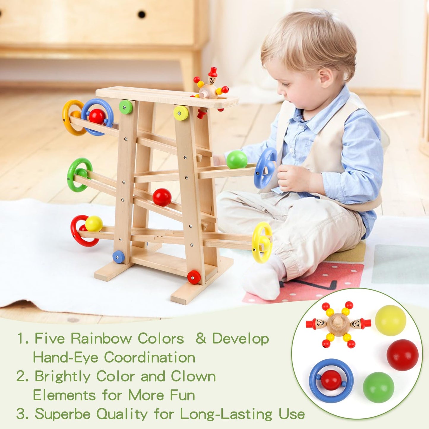Qilay Wooden Race Track Toy for Toddlers 1-3 – 5 Tracks, 4 Balls, Montessori Ramp Racer