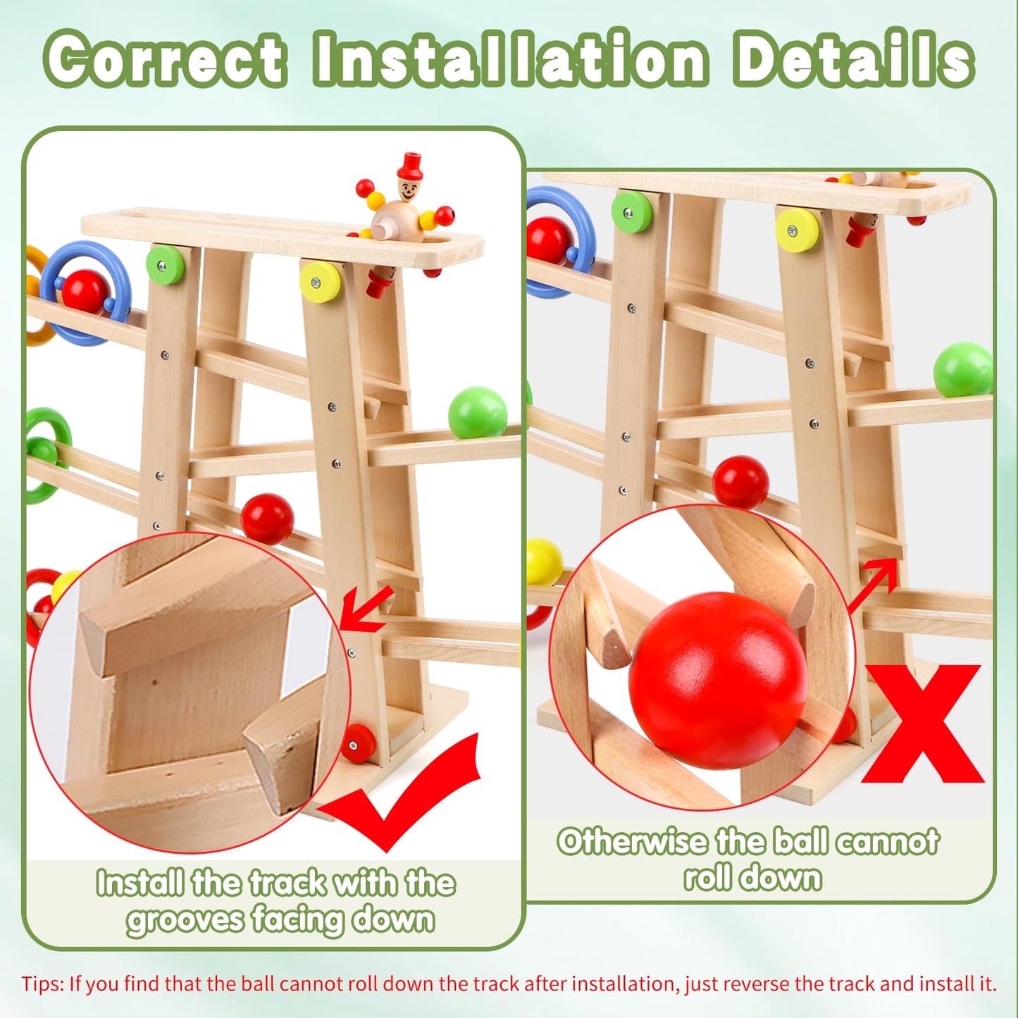 Qilay Wooden Race Track Toy for Toddlers 1-3 – 5 Tracks, 4 Balls, Montessori Ramp Racer