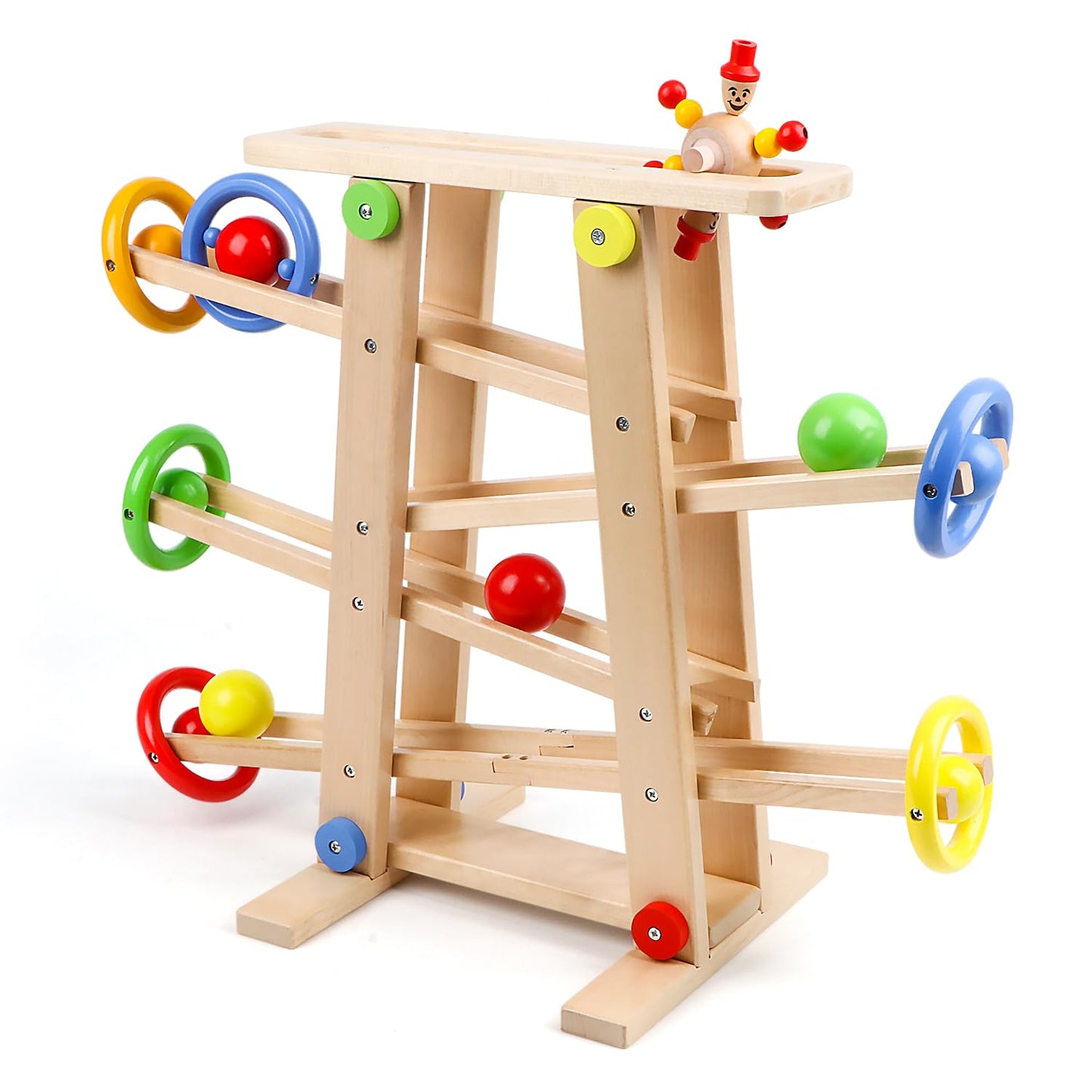 Qilay Wooden Race Track Toy for Toddlers 1-3 – 5 Tracks, 4 Balls, Montessori Ramp Racer