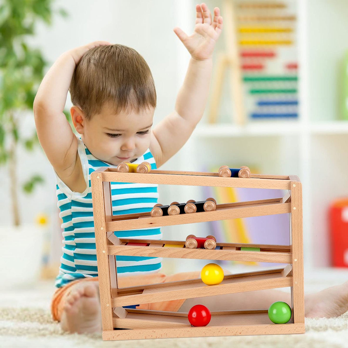 Qilay Wooden Race Track Car Ramp Toy for Toddlers – 5 Rainbow Racers & 2 Balls