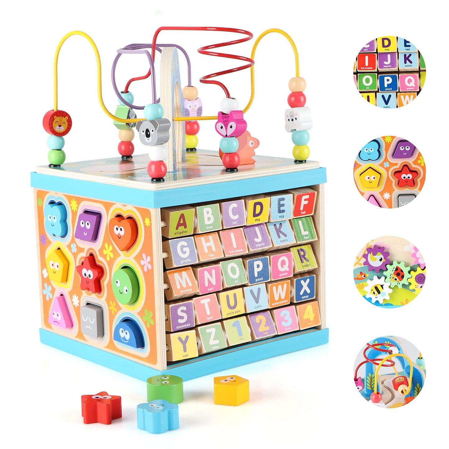 Qilay 5-in-1 Wooden Activity Cube for Toddlers – ABC-123 Abacus, Bead Maze, Shape Sorter, Clock