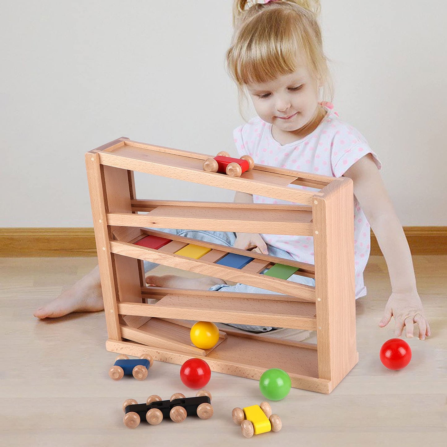Qilay Wooden Race Track Car Ramp Toy for Toddlers – 5 Rainbow Racers & 2 Balls