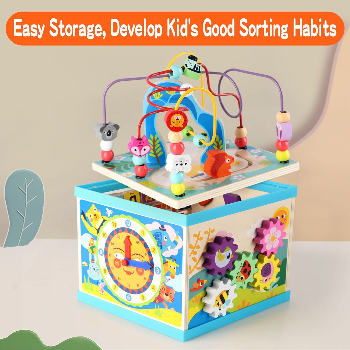 Qilay 5-in-1 Wooden Activity Cube for Toddlers – ABC-123 Abacus, Bead Maze, Shape Sorter, Clock