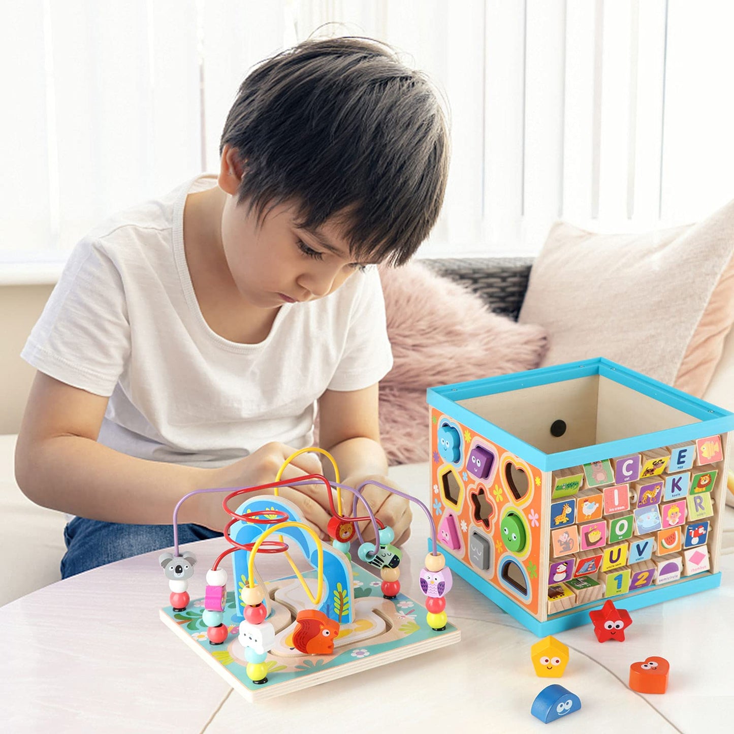 Qilay 5-in-1 Wooden Activity Cube for Toddlers – ABC-123 Abacus, Bead Maze, Shape Sorter, Clock