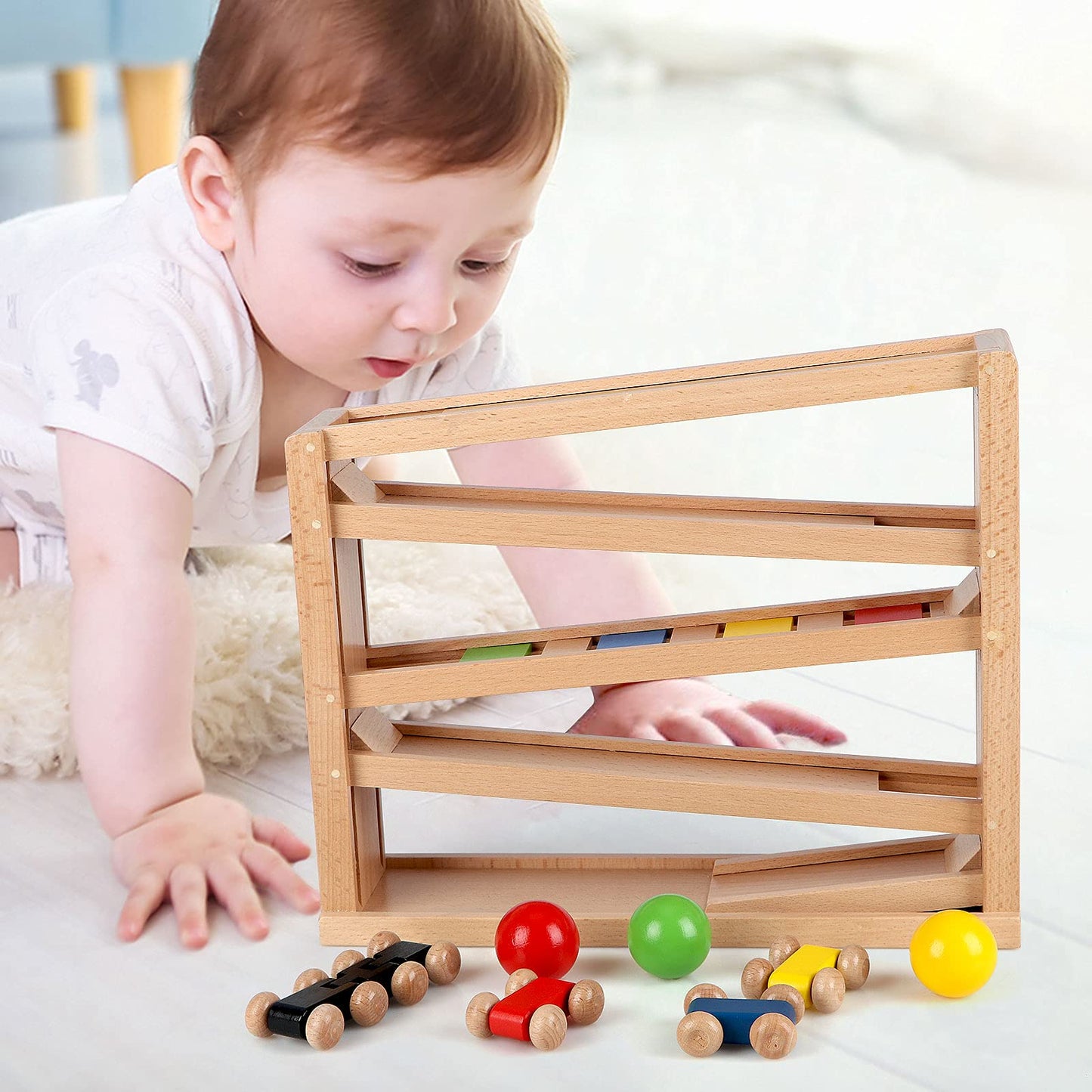 Qilay Wooden Race Track Car Ramp Toy for Toddlers – 5 Rainbow Racers & 2 Balls
