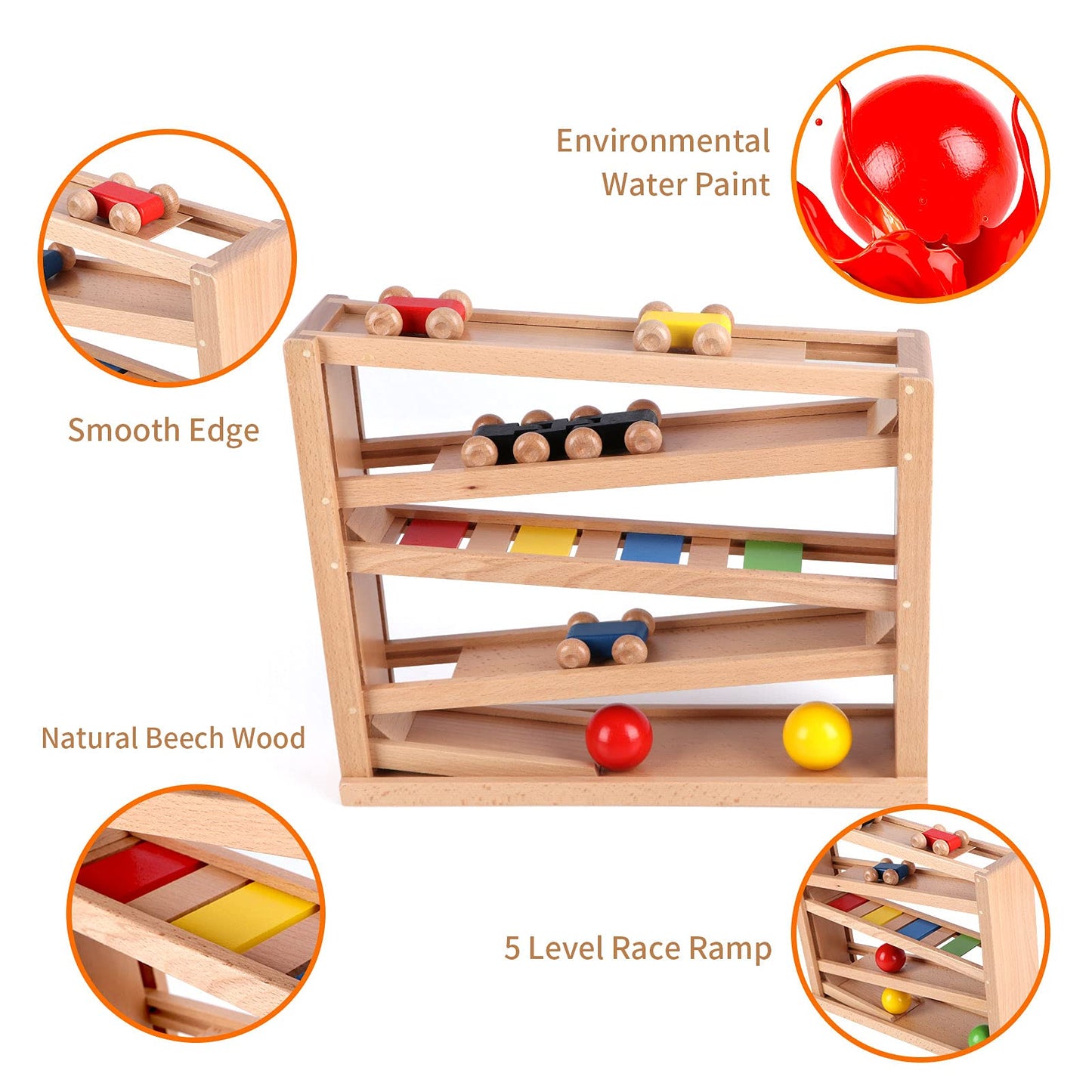 Qilay Wooden Race Track Car Ramp Toy for Toddlers – 5 Rainbow Racers & 2 Balls