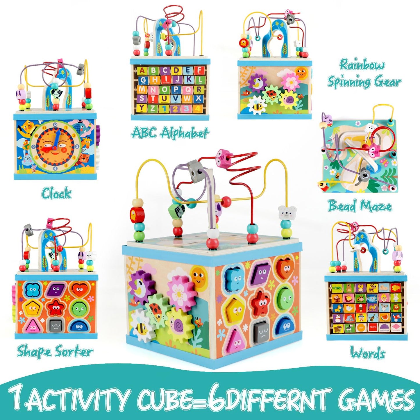 Qilay Wooden 5-in-1 Activity Cube for Toddlers | Bead Maze, ABC-123 Abacus, Shape Sorter