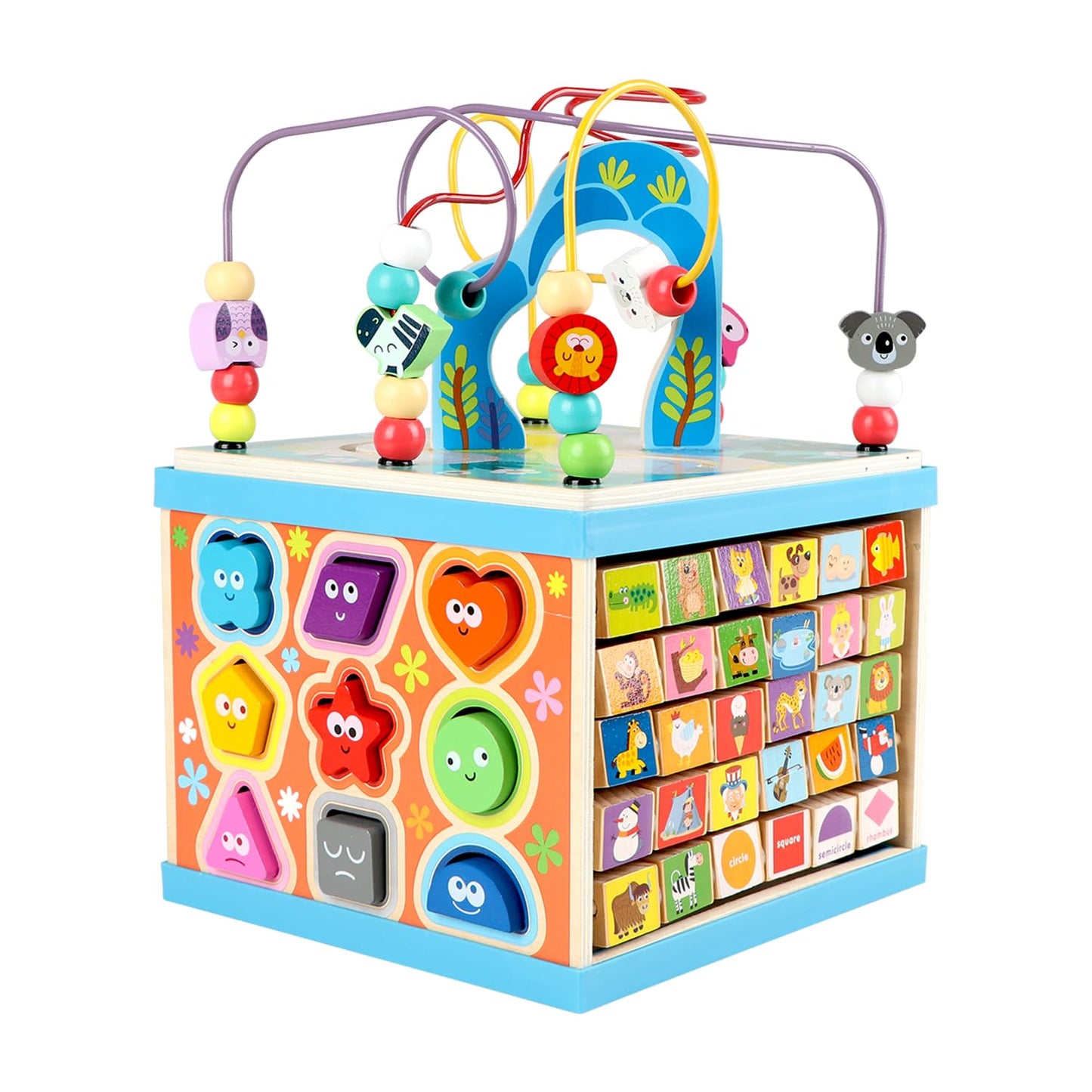 Qilay Wooden 5-in-1 Activity Cube for Toddlers | Bead Maze, ABC-123 Abacus, Shape Sorter