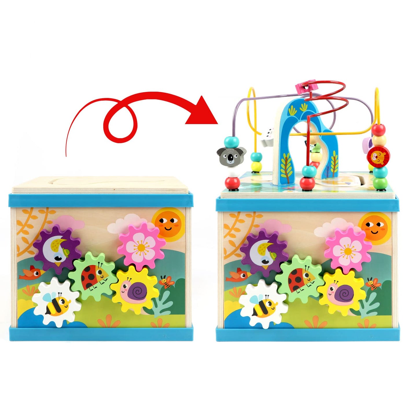 Qilay Wooden 5-in-1 Activity Cube for Toddlers | Bead Maze, ABC-123 Abacus, Shape Sorter