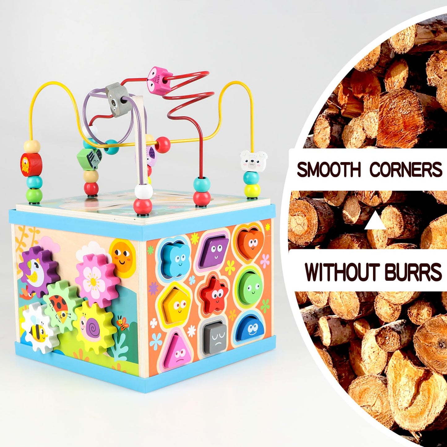 Qilay Wooden 5-in-1 Activity Cube for Toddlers | Bead Maze, ABC-123 Abacus, Shape Sorter